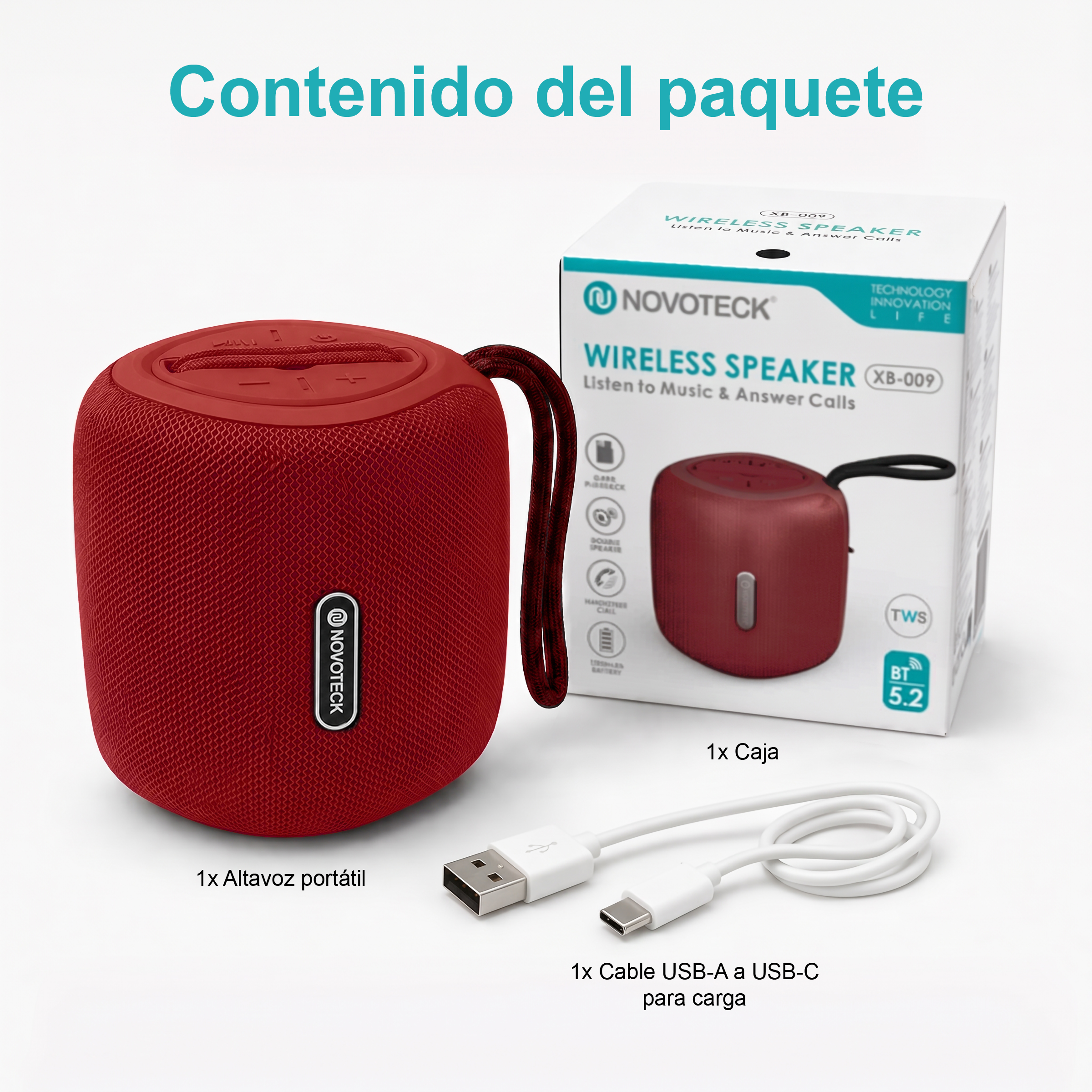 Un altavoz inalámbrico rojo con su caja y cable USB-C.