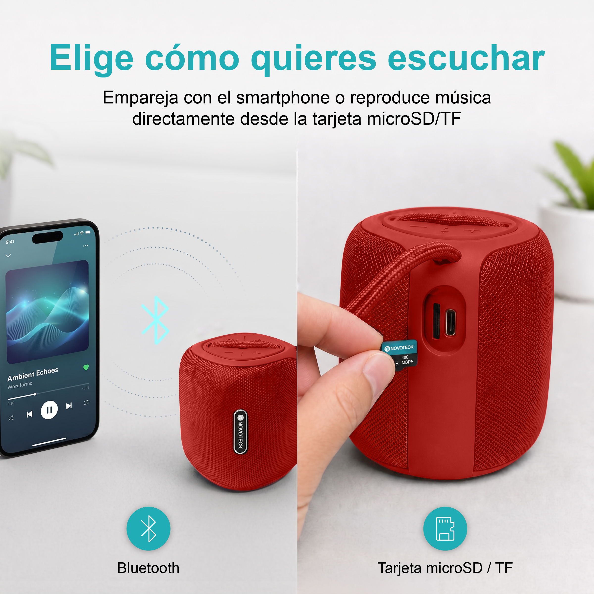 Un altoparlante rosso con display smartphone, simbolo Bluetooth e simbolo microSD.