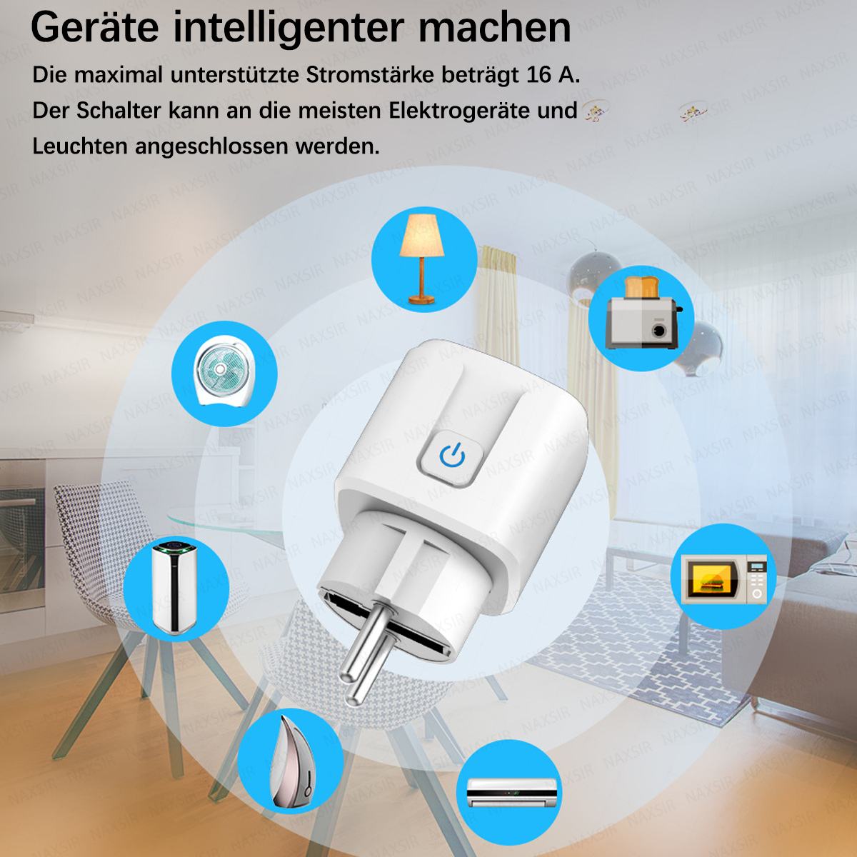 Ein intelligenter Stecker mit Icons für Geräte: Ventilator, Lampe, Toaster, Mikrowelle, Bügeleisen, Klimaanlage.
