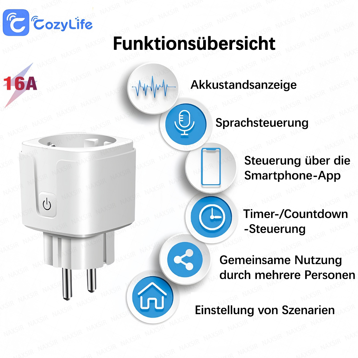 Funktionsübersicht eines weißen Smart-Steckers mit 16A, Akkuanzeige, Sprachsteuerung, App-Steuerung, Timer, Teilen & Szenarien.