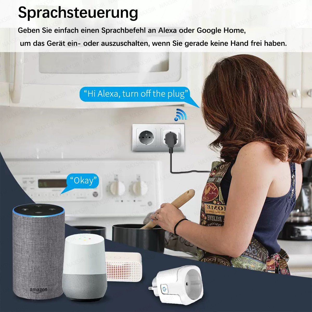Ein Alexa-Lautsprecher, Google Home, Steckdose und ein Stecker werden gezeigt.
