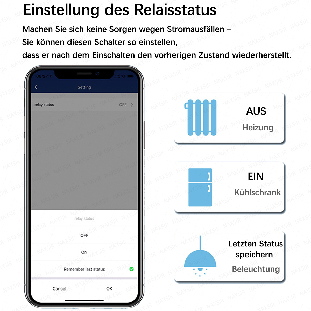 Handy-App zeigt Relaisstatus-Einstellungen für Heizung, Kühlschrank, Beleuchtung.