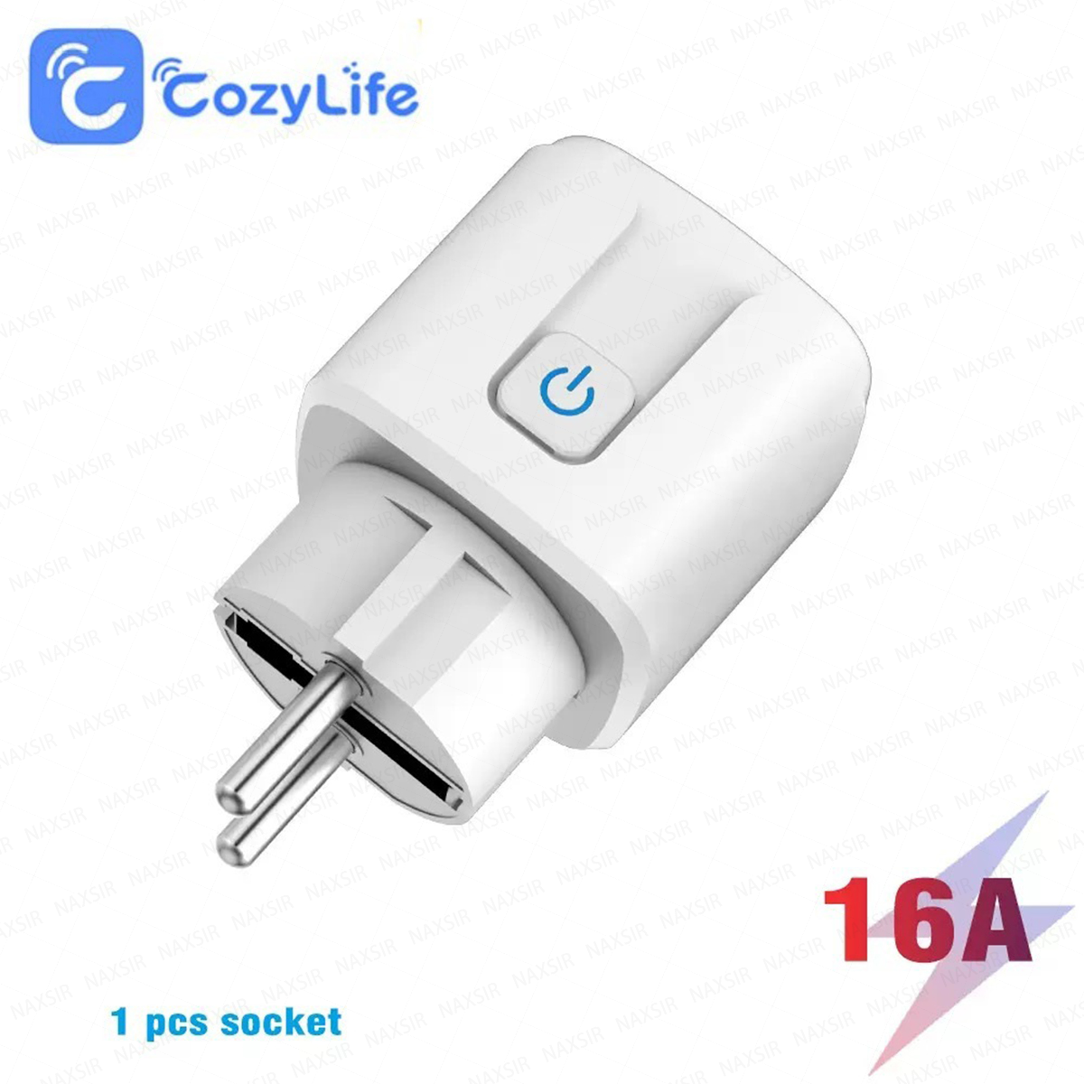 Ein weißer Smart-Stecker mit Netzschalter und CozyLife-Logo.