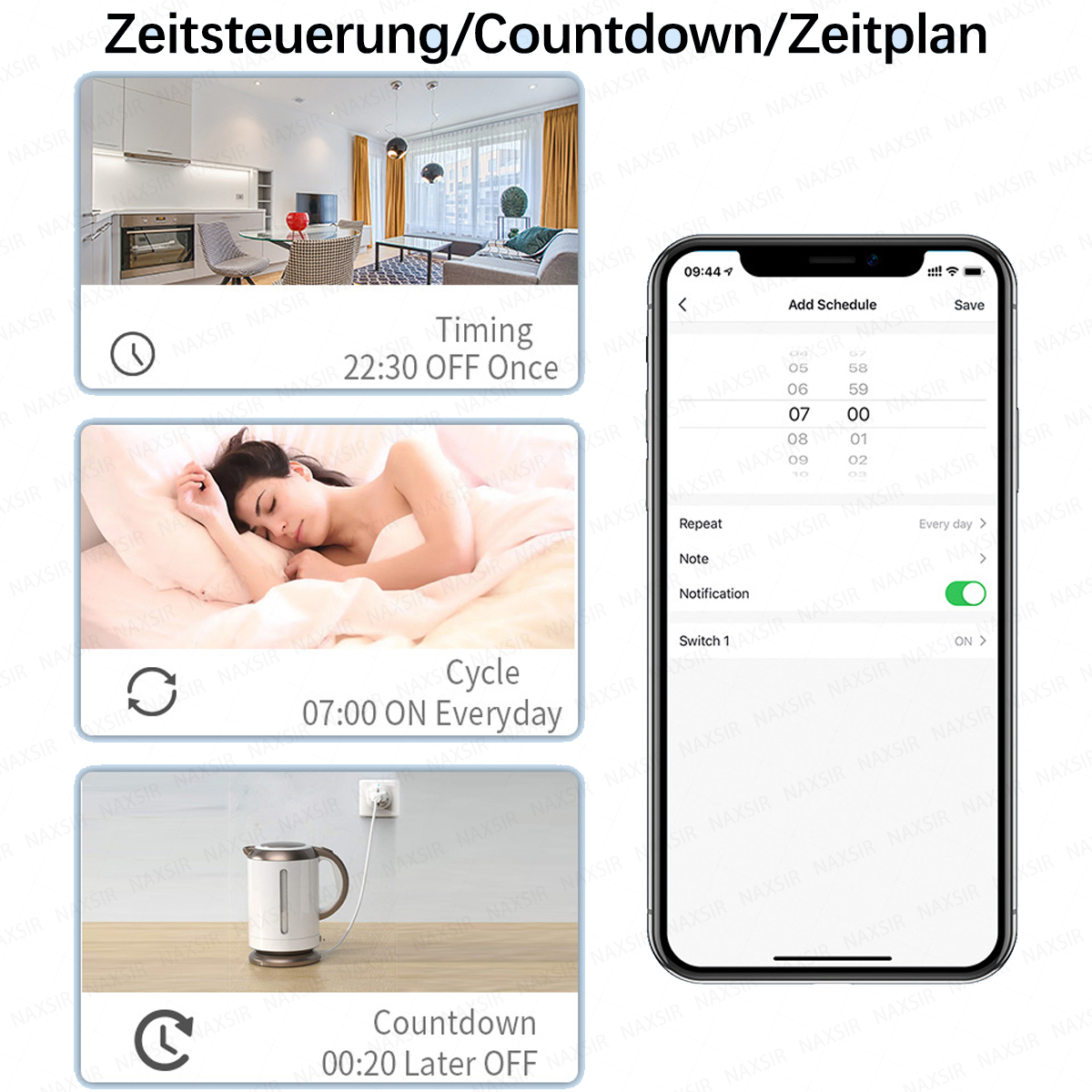Collage zeigt Haus- und Kücheninterieur, schlafende Frau und Wasserkocher.