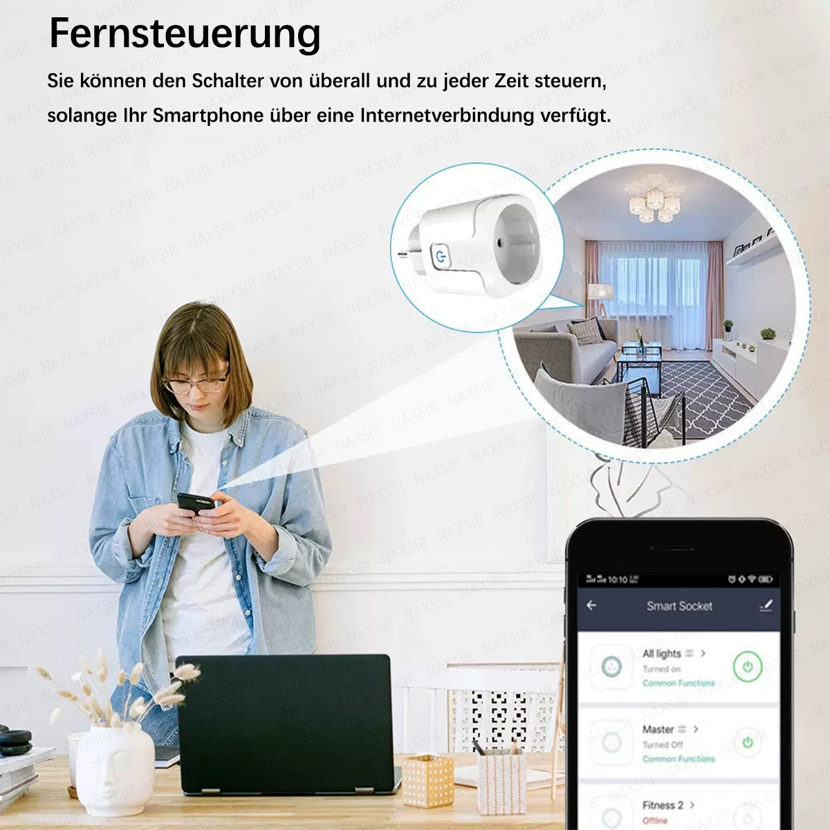Frau steuert Smart Socket per Smartphone; Nahaufnahme zeigt App-Interface.