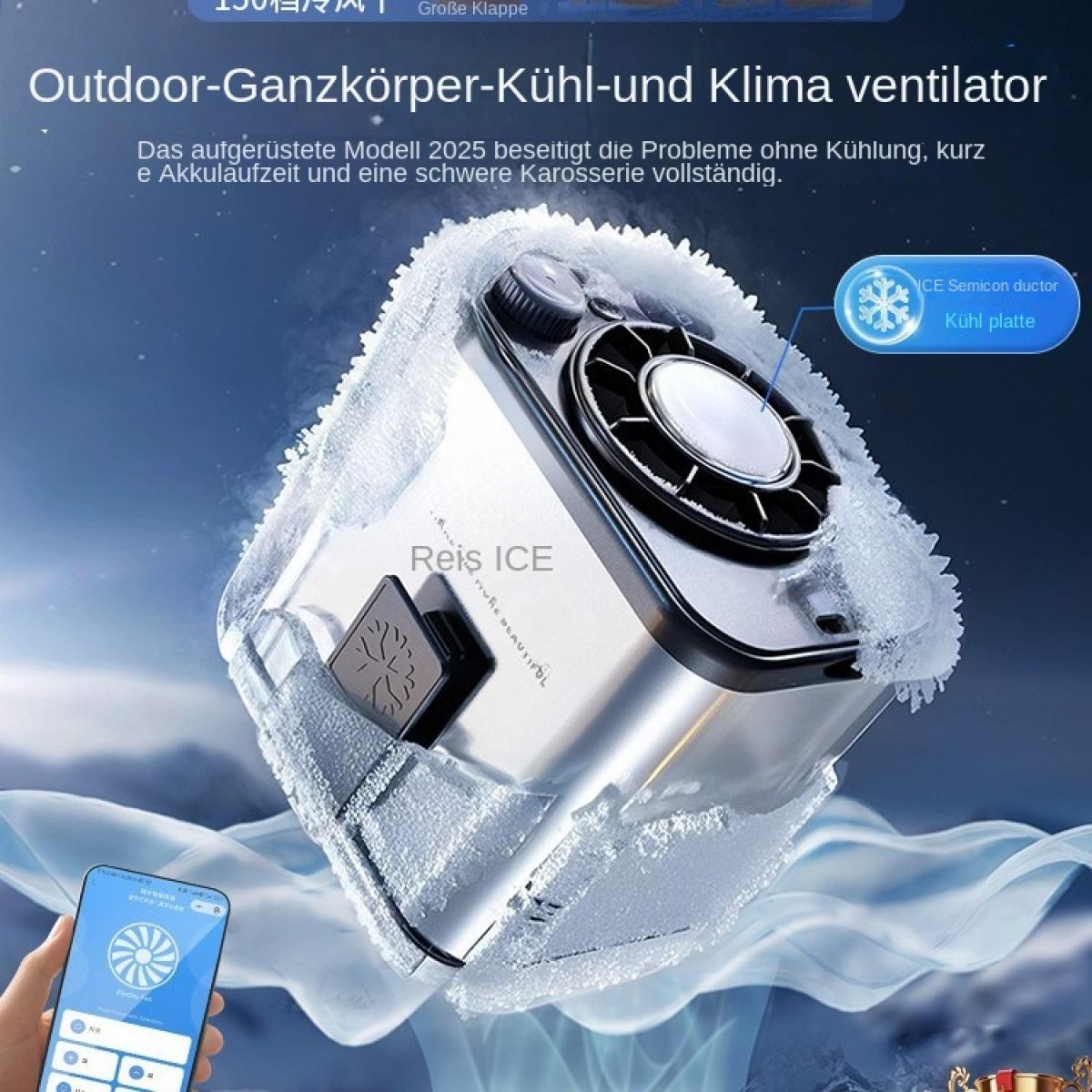 Ein silberner Ventilator ist mit Eis bedeckt. Ein Smartphone zeigt die Steuerung an.