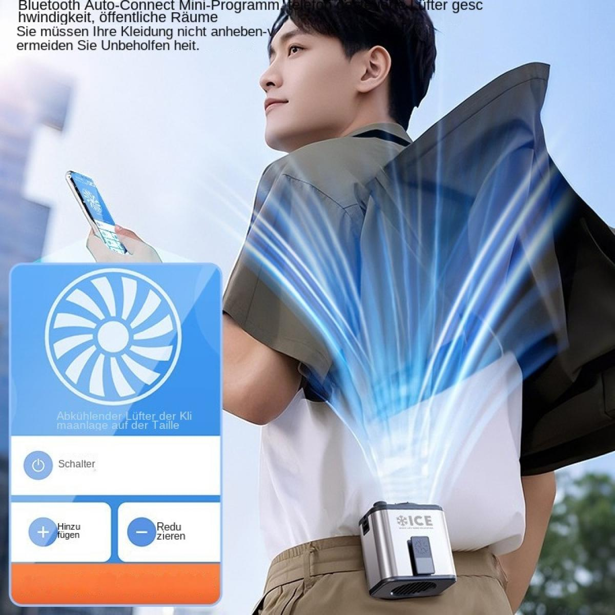 Mann mit am Bund befestigtem Lüfter, der kühle Luft ausstößt. App auf Handy.