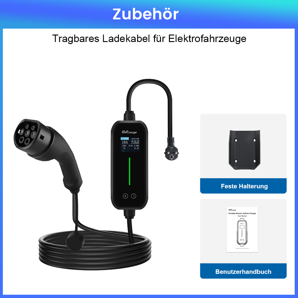 Schwarzes Ladekabel für Elektroautos mit Stecker, Display und Wandhalterung.
