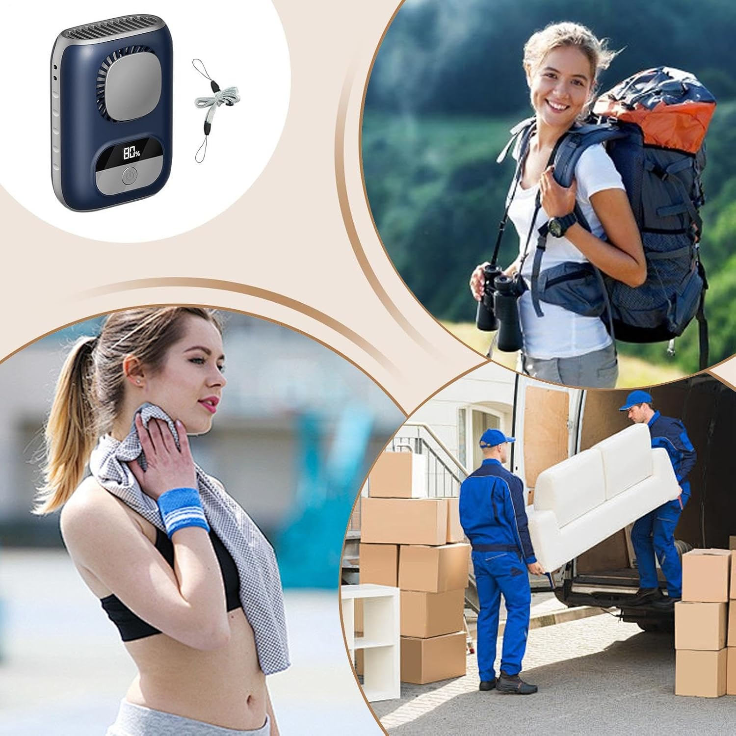 Ein tragbarer Lüfter, eine Wanderin, eine Sportlerin und Möbelpacker sind abgebildet.