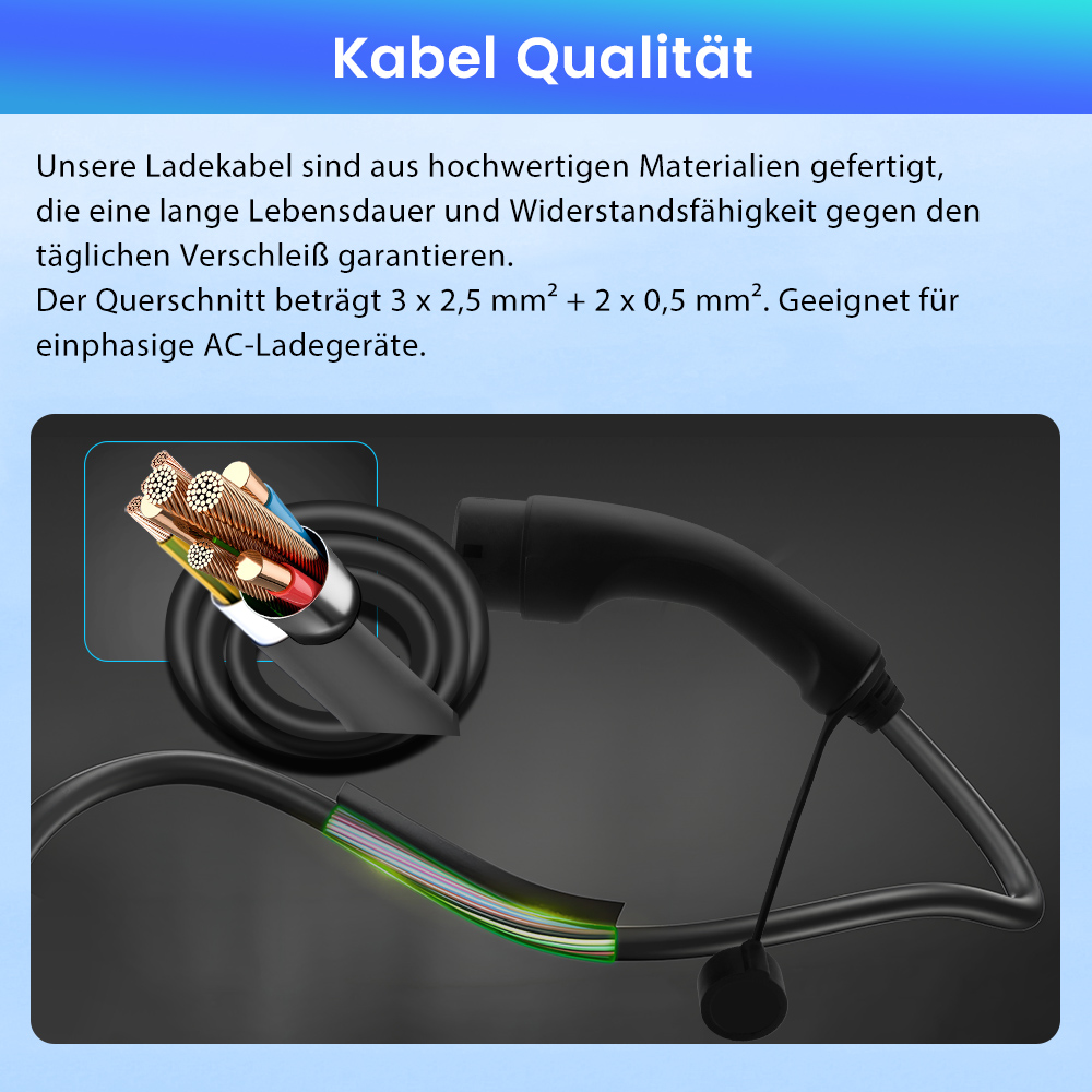 Nahaufnahme eines schwarzen Ladekabels mit freigelegten Drähten und Anschluss.