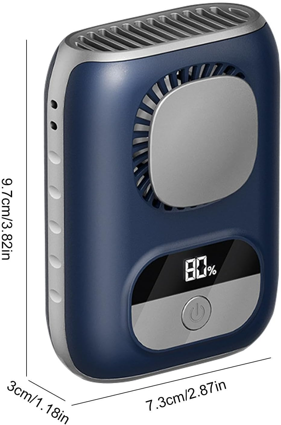 Ein blauer und silberner Lüfter mit 80% Anzeige und einem Power-Button.
