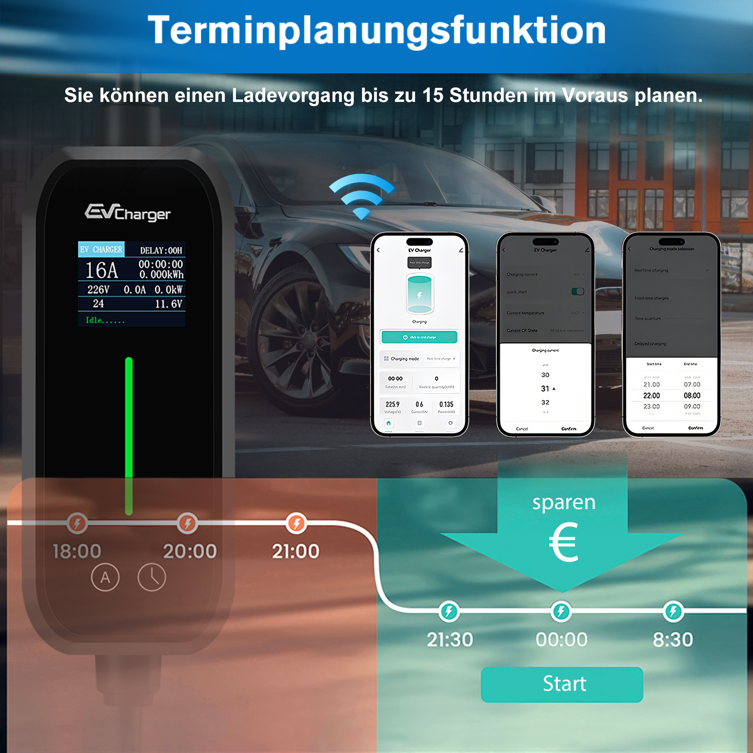 EV Charger mit Zeitplanungsfunktion und App-Ansicht. Anzeige von Ladezustand und Zeit.