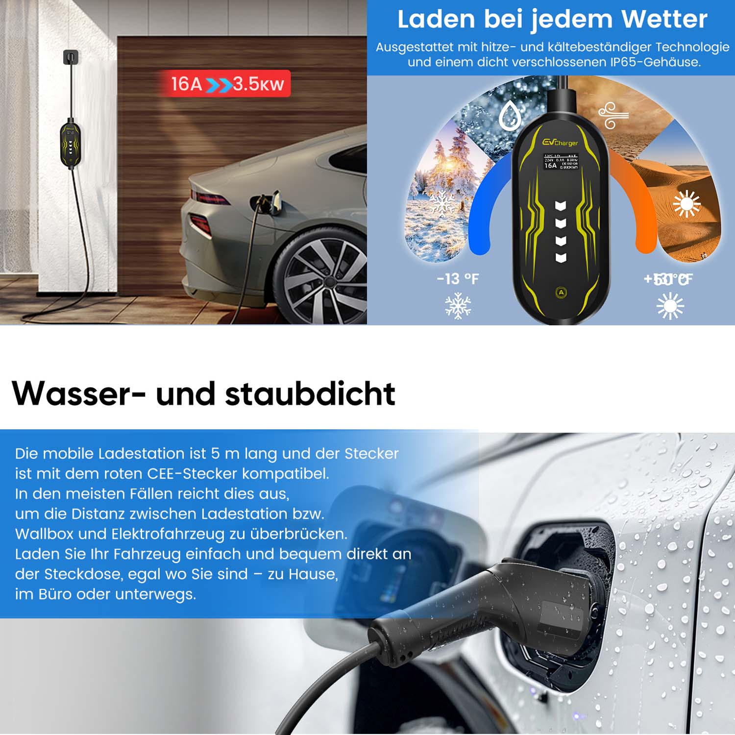 Elektroauto-Ladegerät lädt Auto bei verschiedenen Wetterbedingungen.