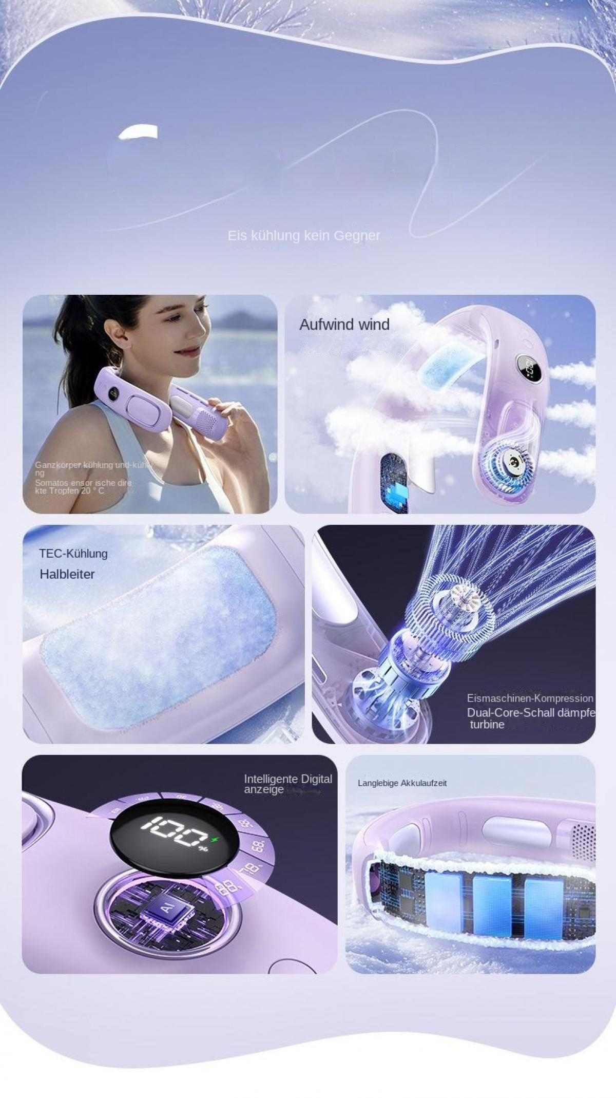 Ein Nackenventilator mit TEC-Kühlung, digitaler Anzeige und Akkulaufzeit.