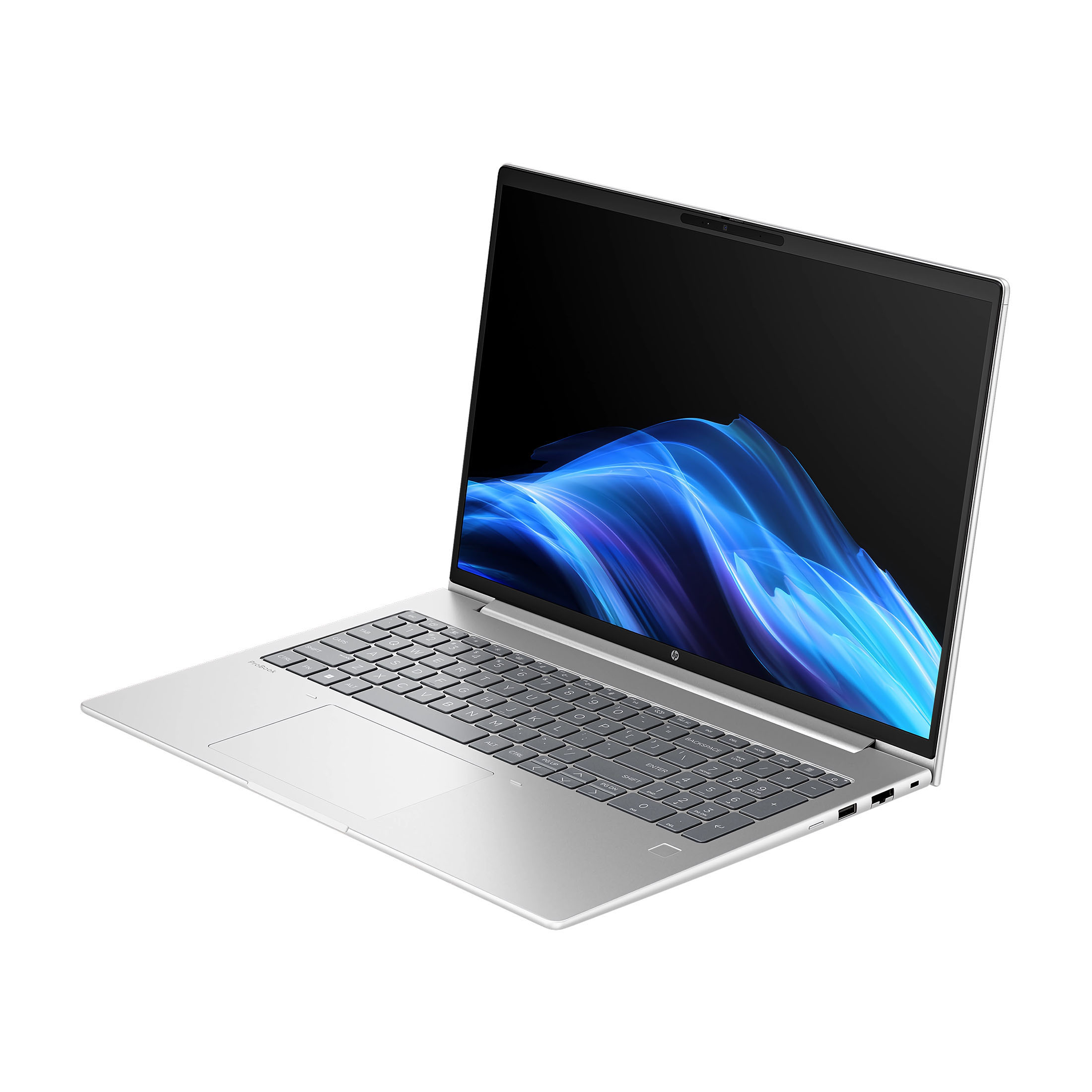 Ein silberner Laptop mit geöffnetem Bildschirm, der ein blaues, wellenartiges Muster zeigt.