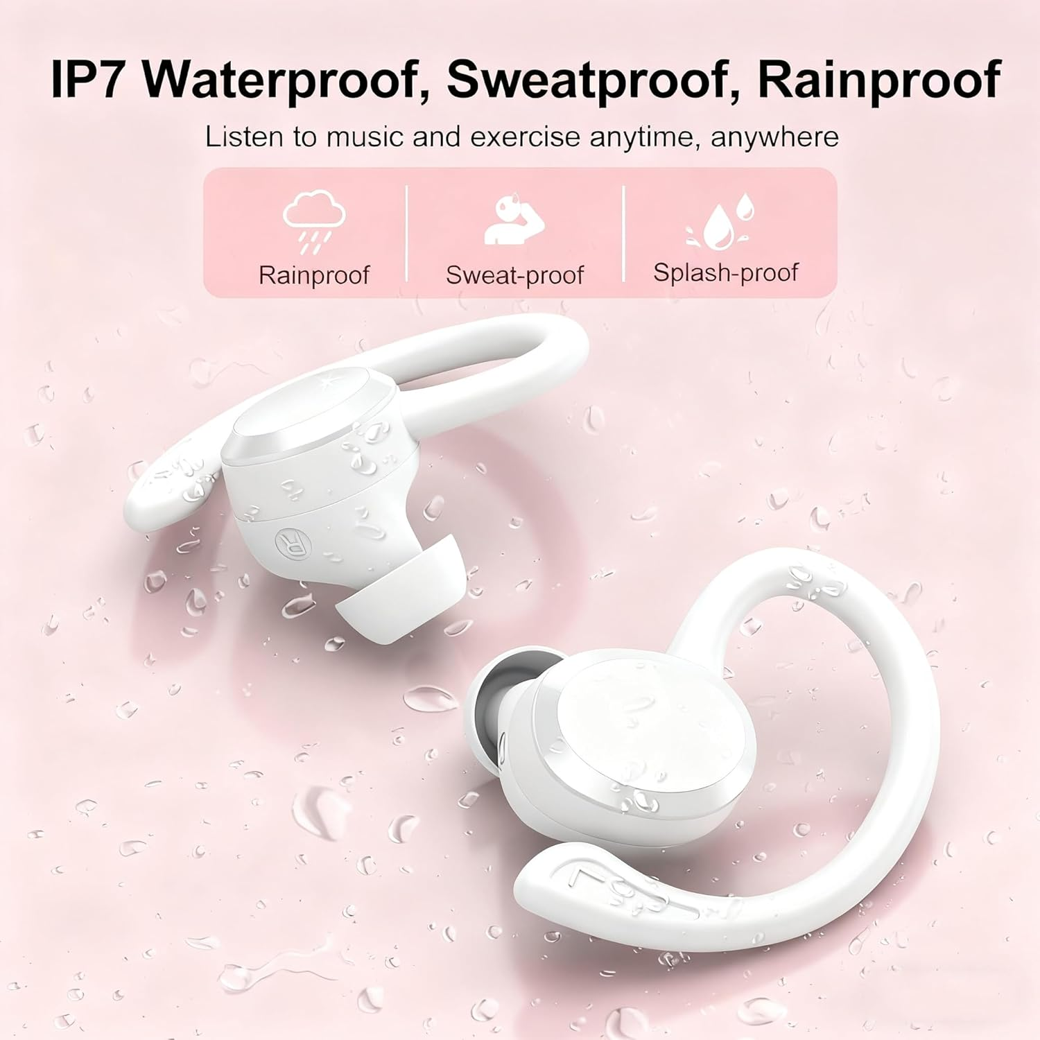 Weiße Ohrhörer mit Wassertropfen auf rosa Hintergrund. Text: IP7 Wasserdicht, Schweißresistent, Regensicher.