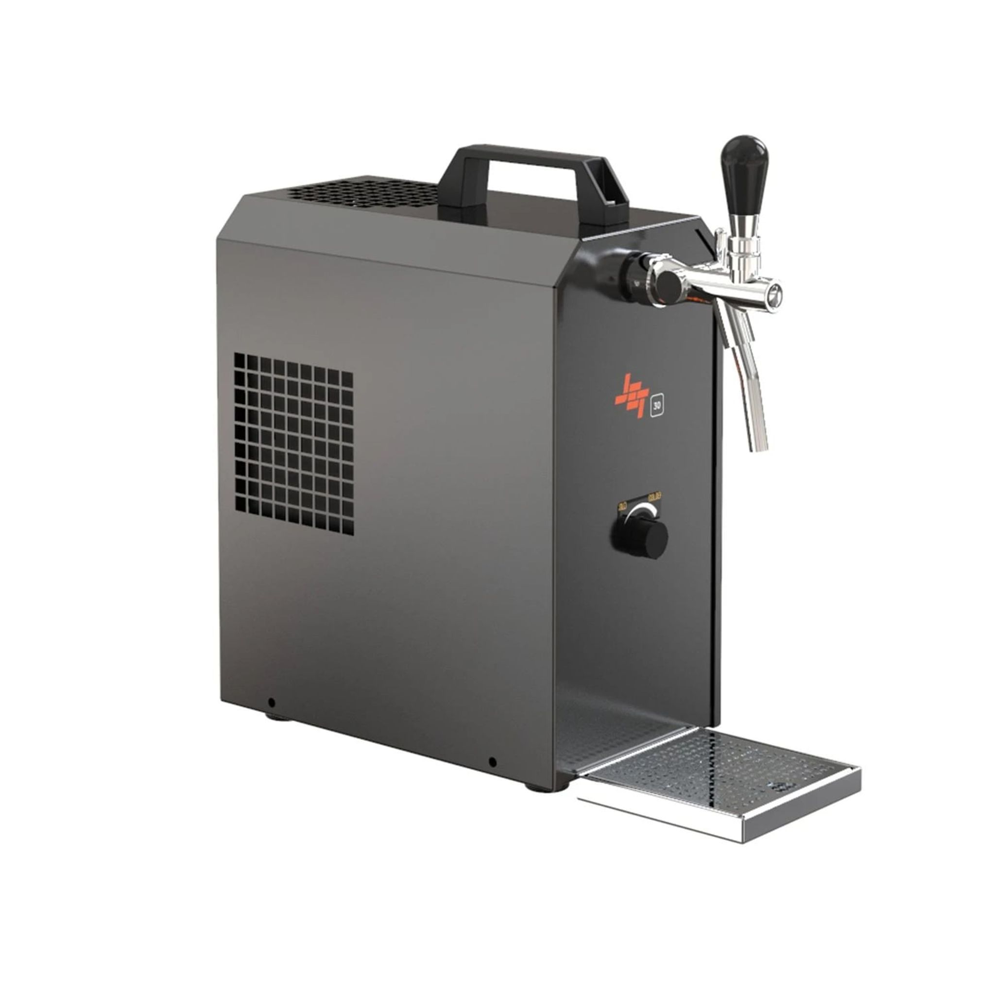 Grauer Zapfautomat mit Griff, Zapfhahn und Abtropfschale.