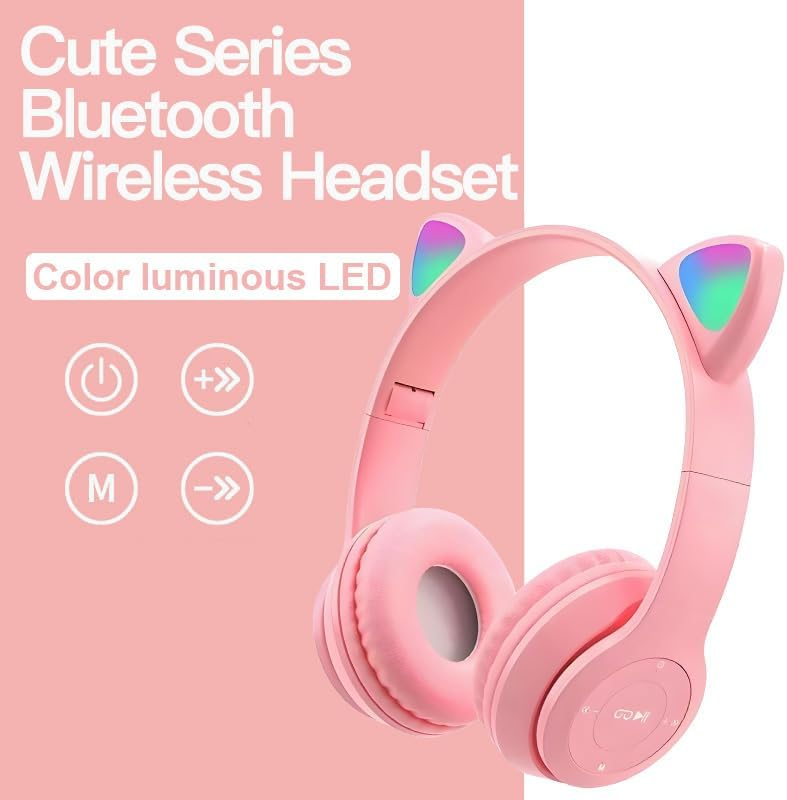 Rosa Katzenohr-Bluetooth-Headset mit leuchtenden LED-Ohren und Steuerelementen.