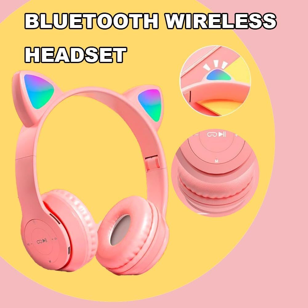 Ein rosa Bluetooth-Headset mit Katzenohren und leuchtenden LEDs.