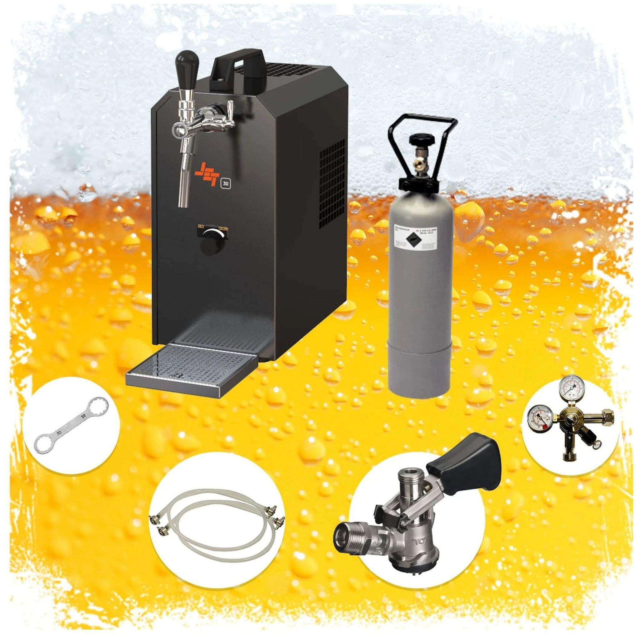 Zapfanlage mit CO2-Flasche, Druckminderer, Schlauch und Werkzeug auf Bierhintergrund.