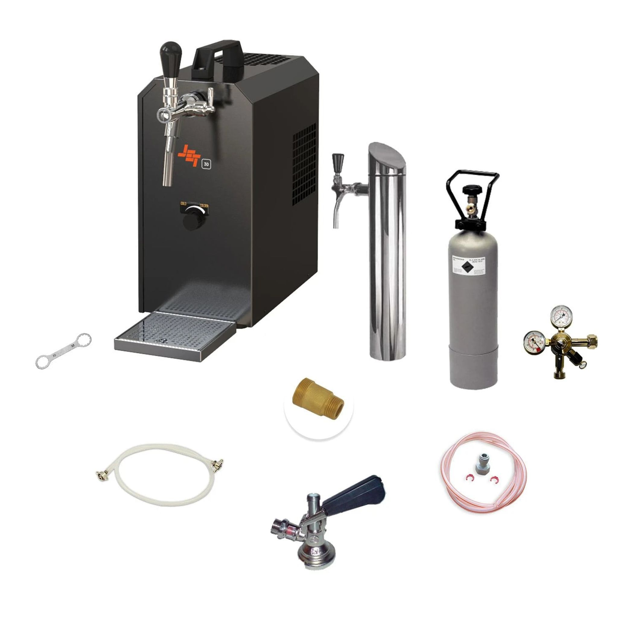 Ein Getränkespender mit Zapfhahn, Gasflasche, Manometer und Schläuchen.