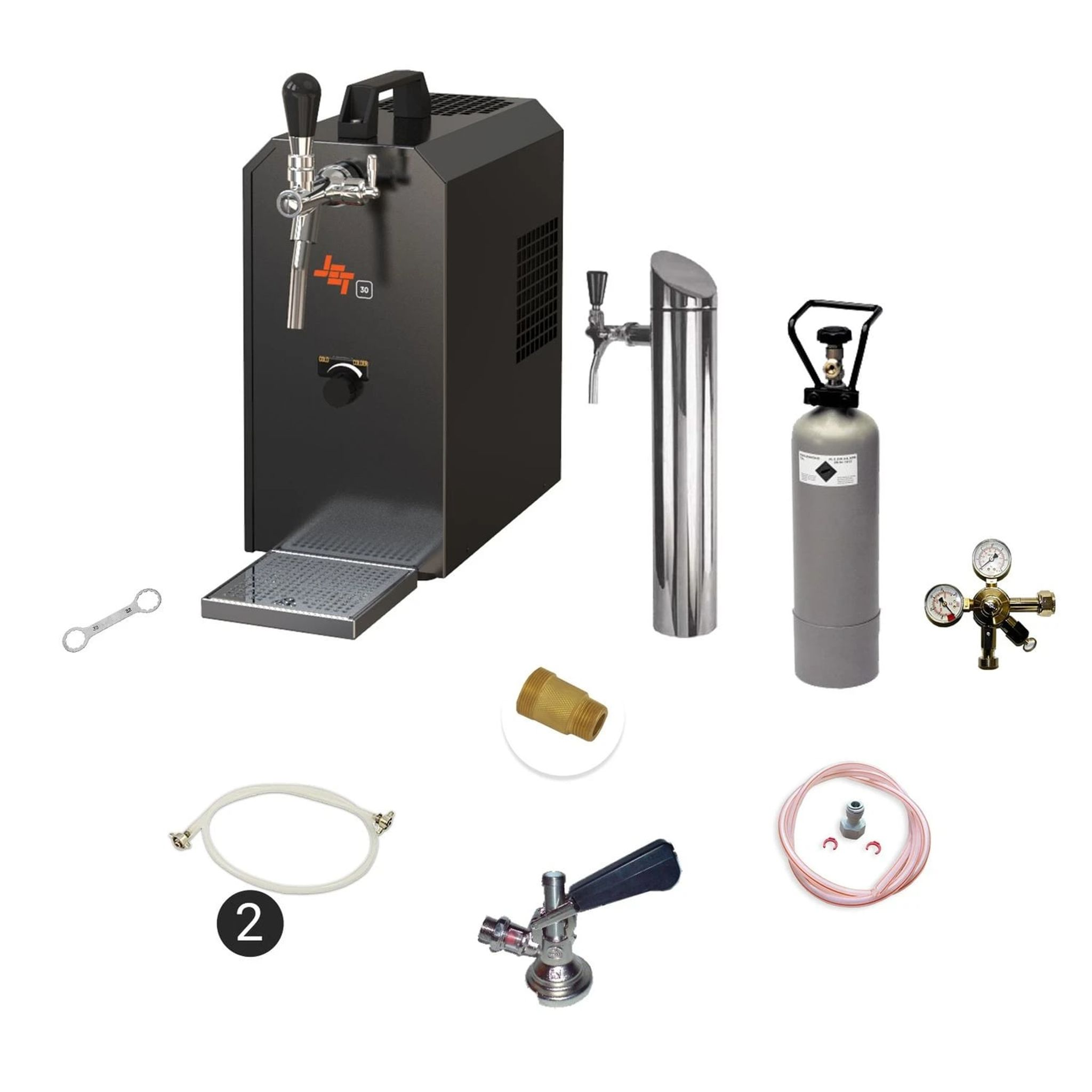 Schwarzer Zapfkühler mit Zapfhahn, Gasflasche, Druckminderer und Zubehör.
