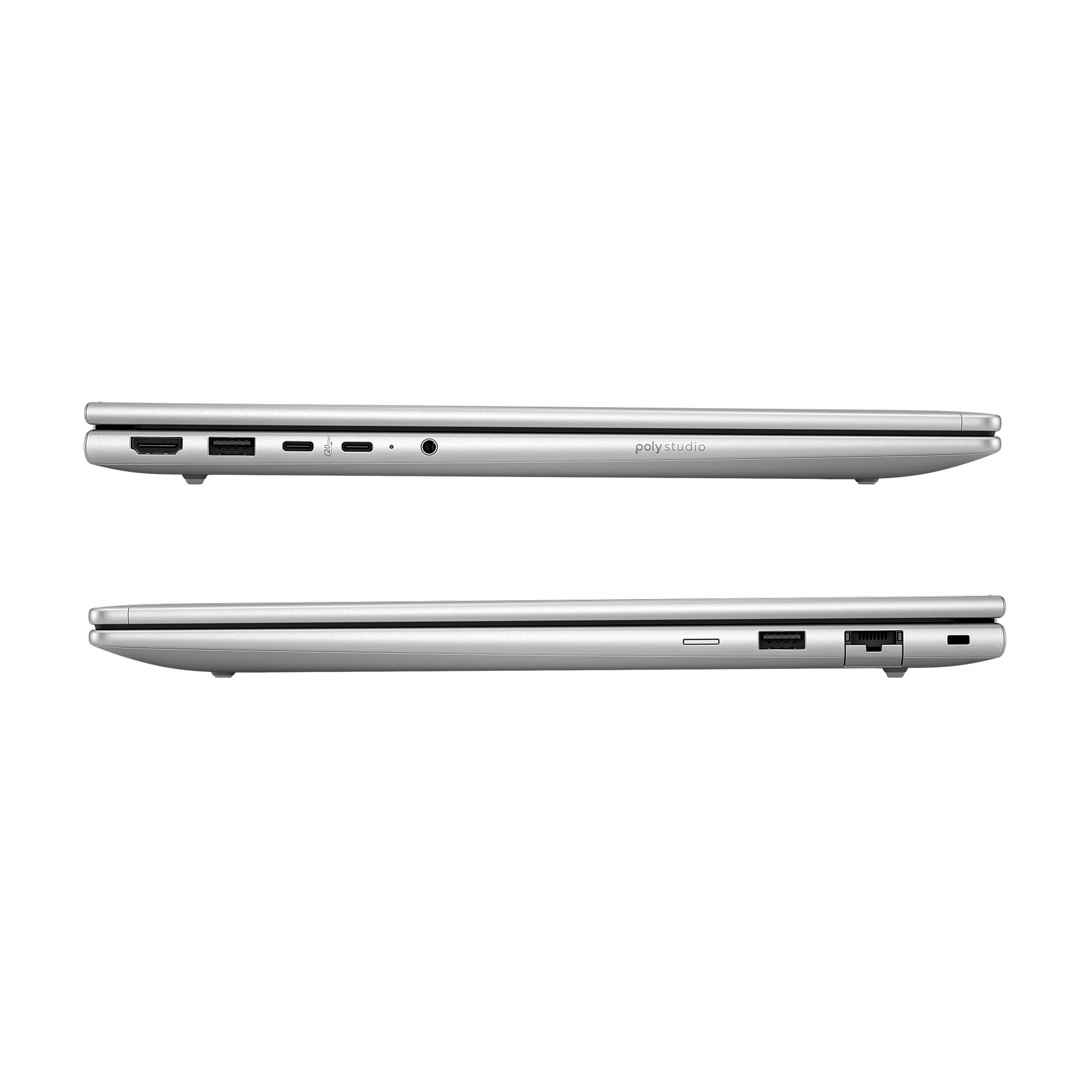 Silberner Laptop Seitenansicht: HDMI, USB-C, Audiobuchse und „polystudio“-Logo.