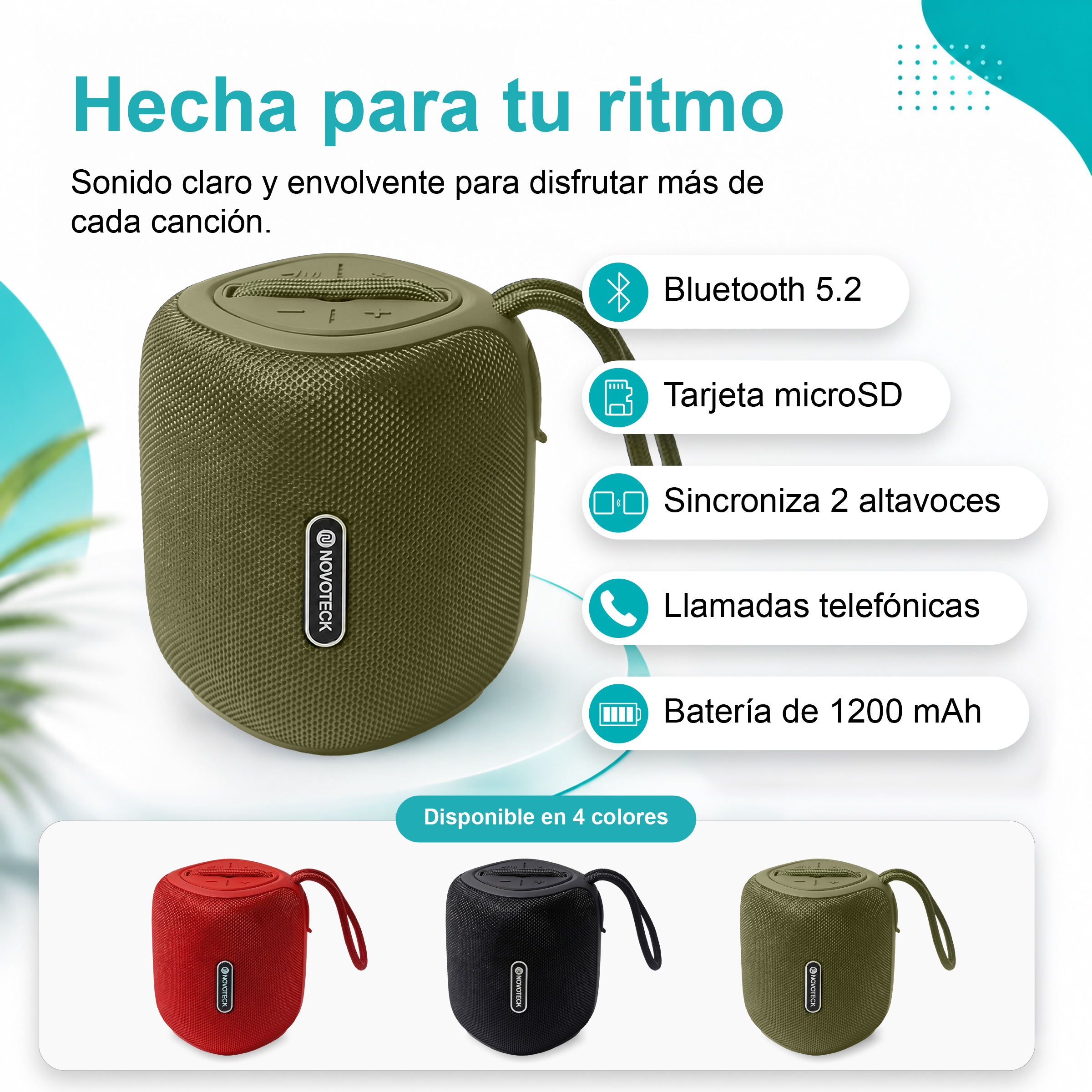Un altoparlante verde con Bluetooth 5.2, microSD e batteria da 1200 mAh.