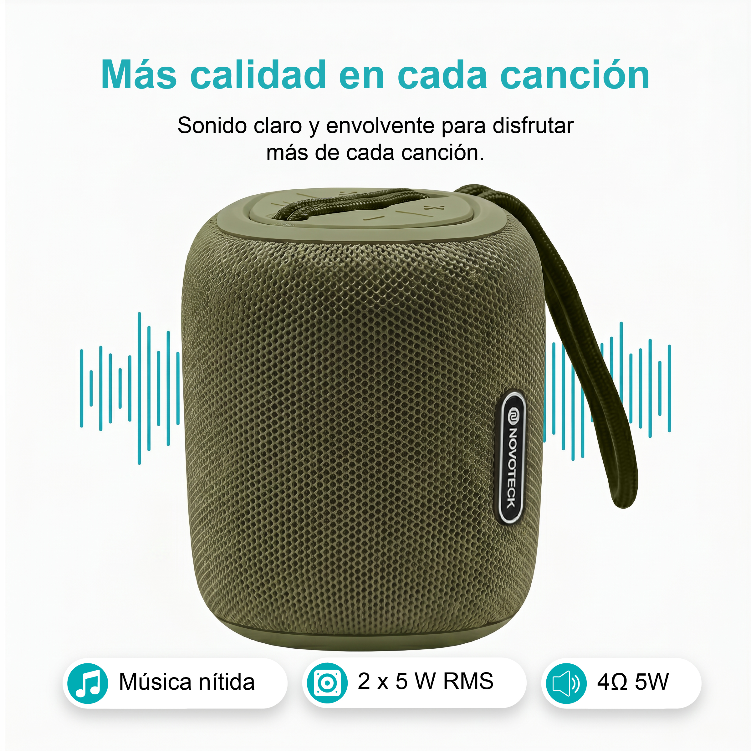 Altoparlante Bluetooth verde con note musicali e specifiche di potenza.