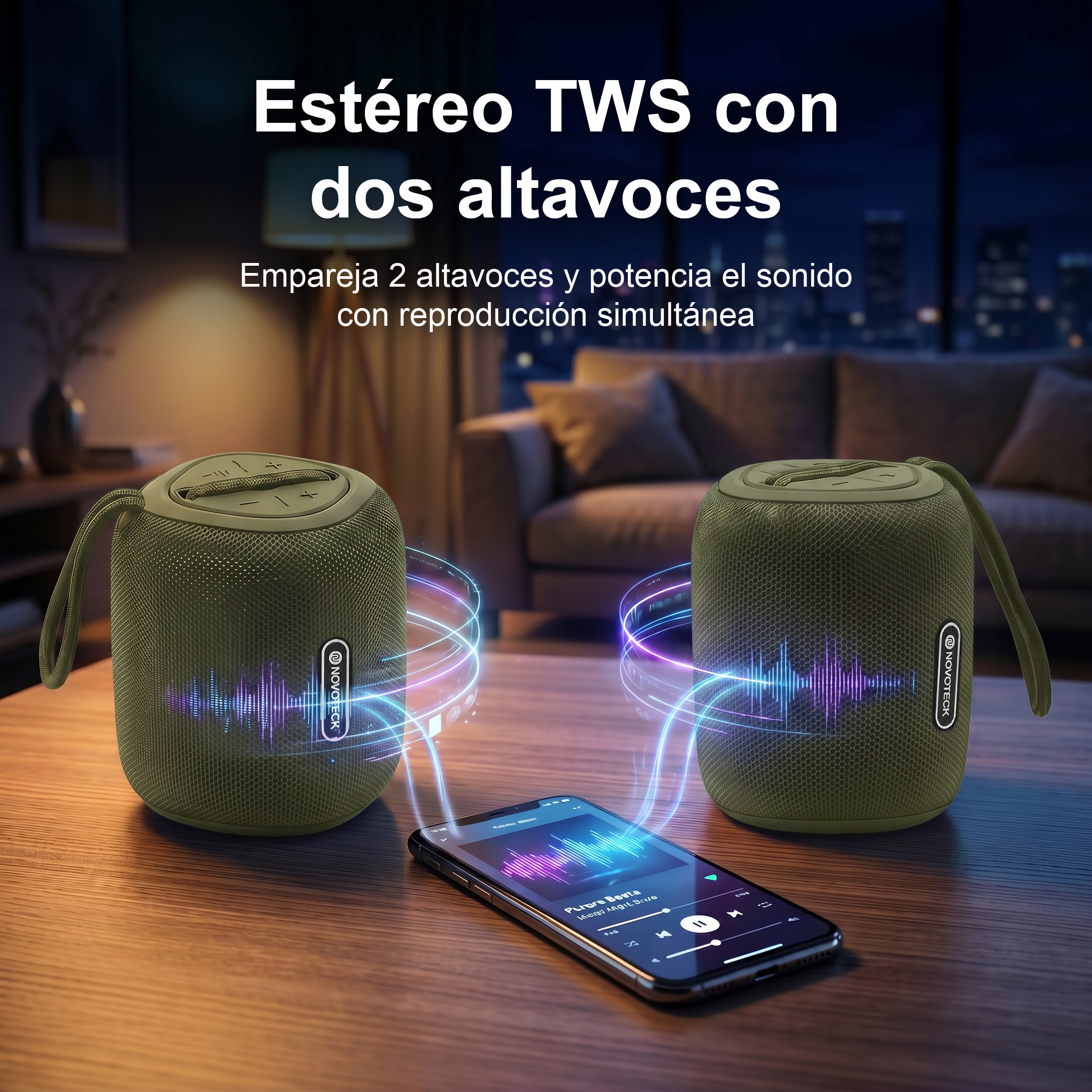 Due altoparlanti TWS verdi si collegano a uno smartphone con musica e flussi luminosi.