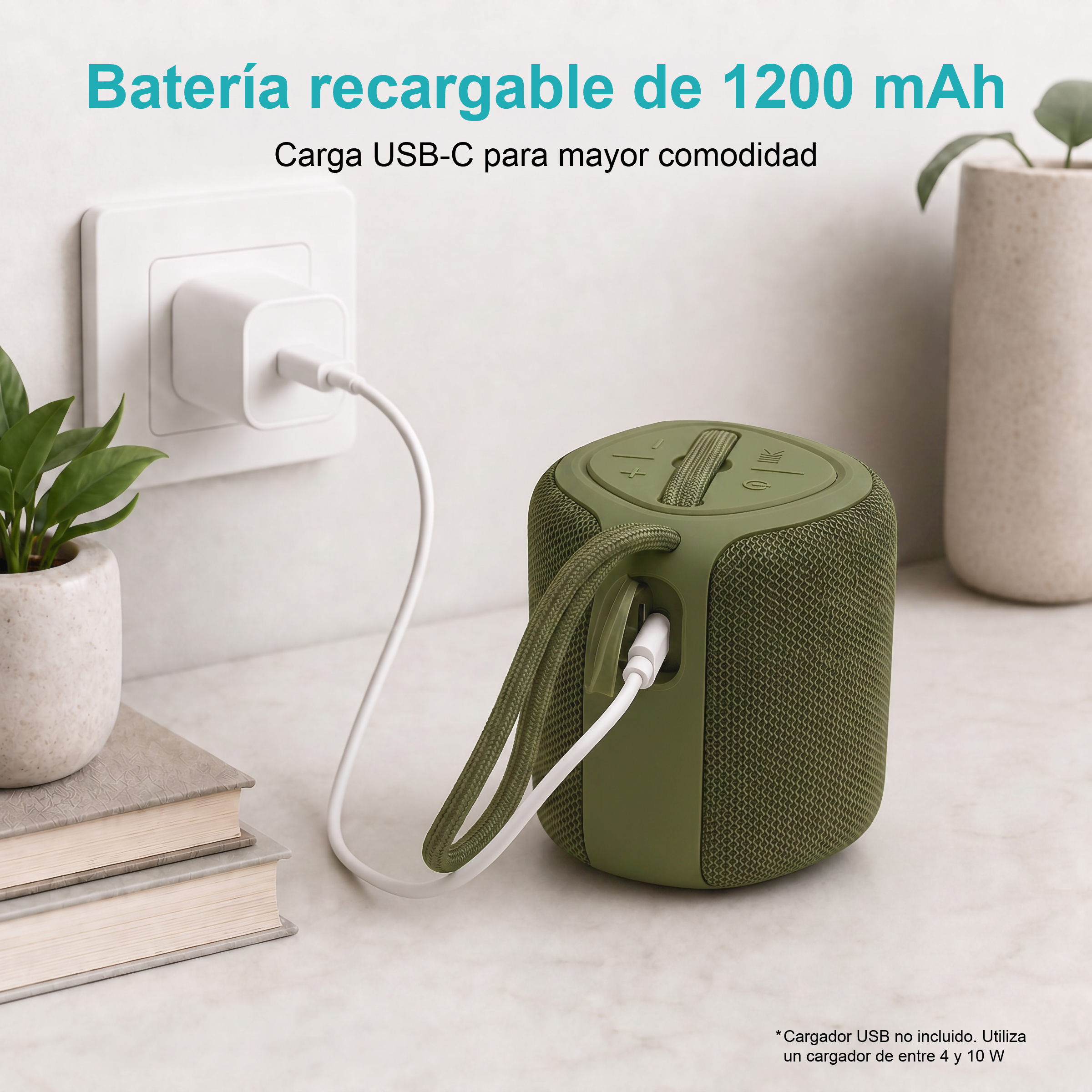 Un altavoz verde se carga por USB-C. Un enchufe está en la toma de corriente.