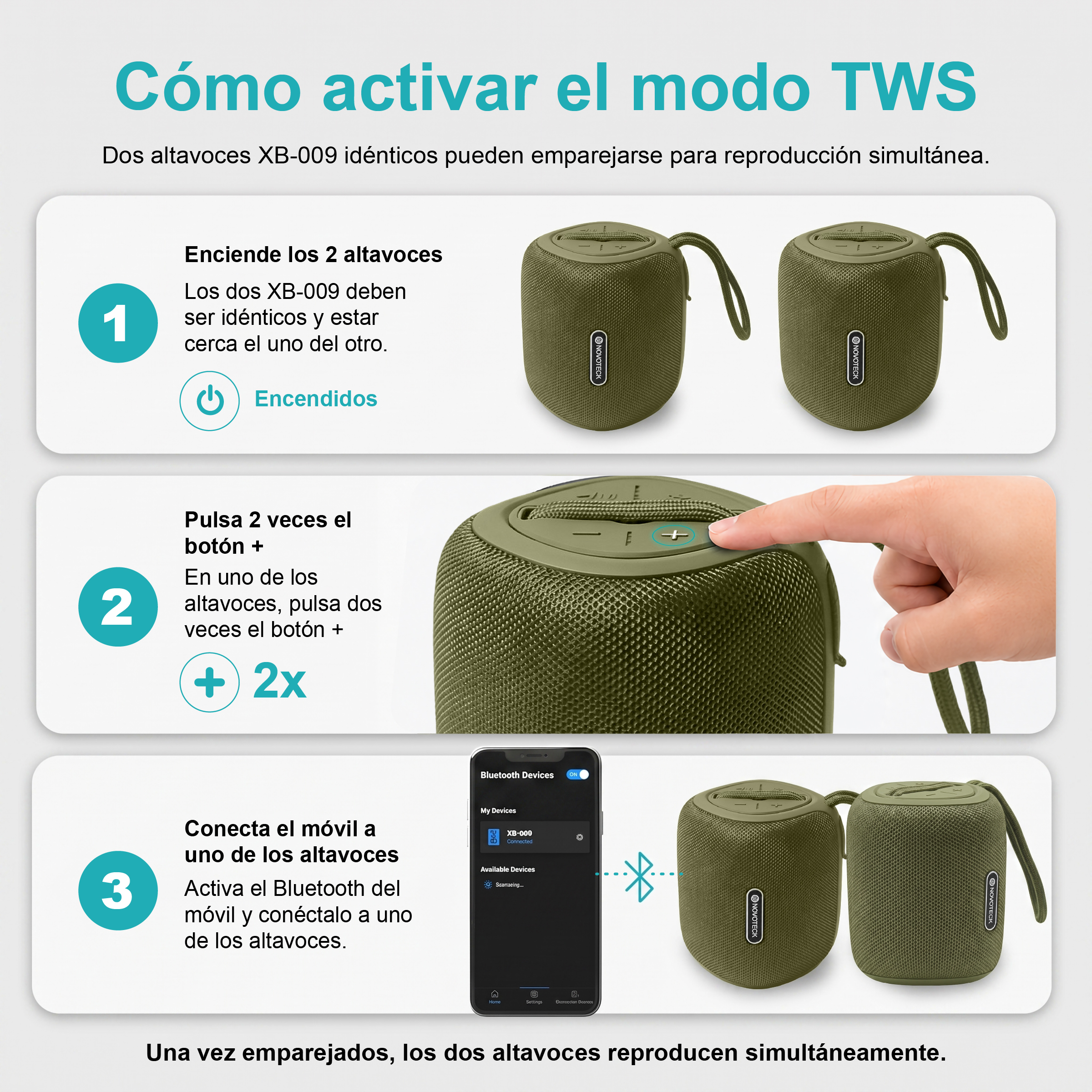 Istruzioni per attivare la modalità TWS su due altoparlanti XB-009 verdi.