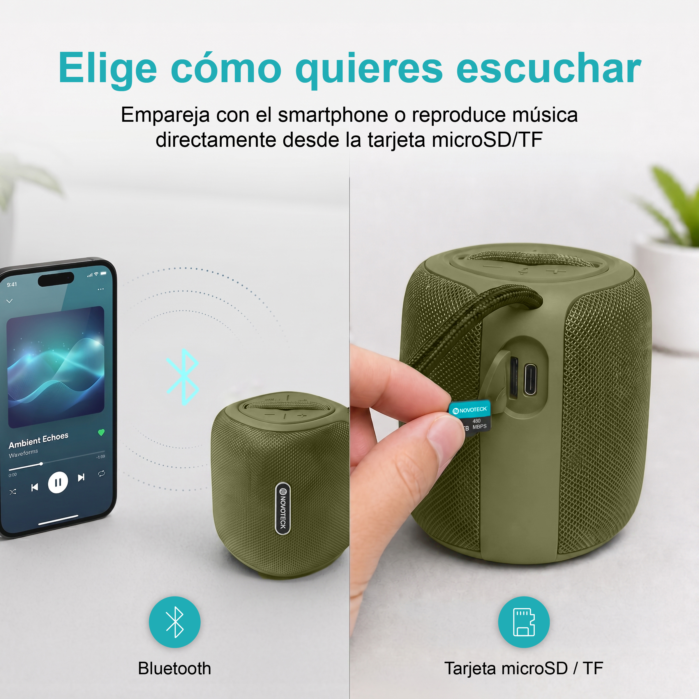 Uno smartphone si collega via Bluetooth a un altoparlante verde con slot per scheda microSD.