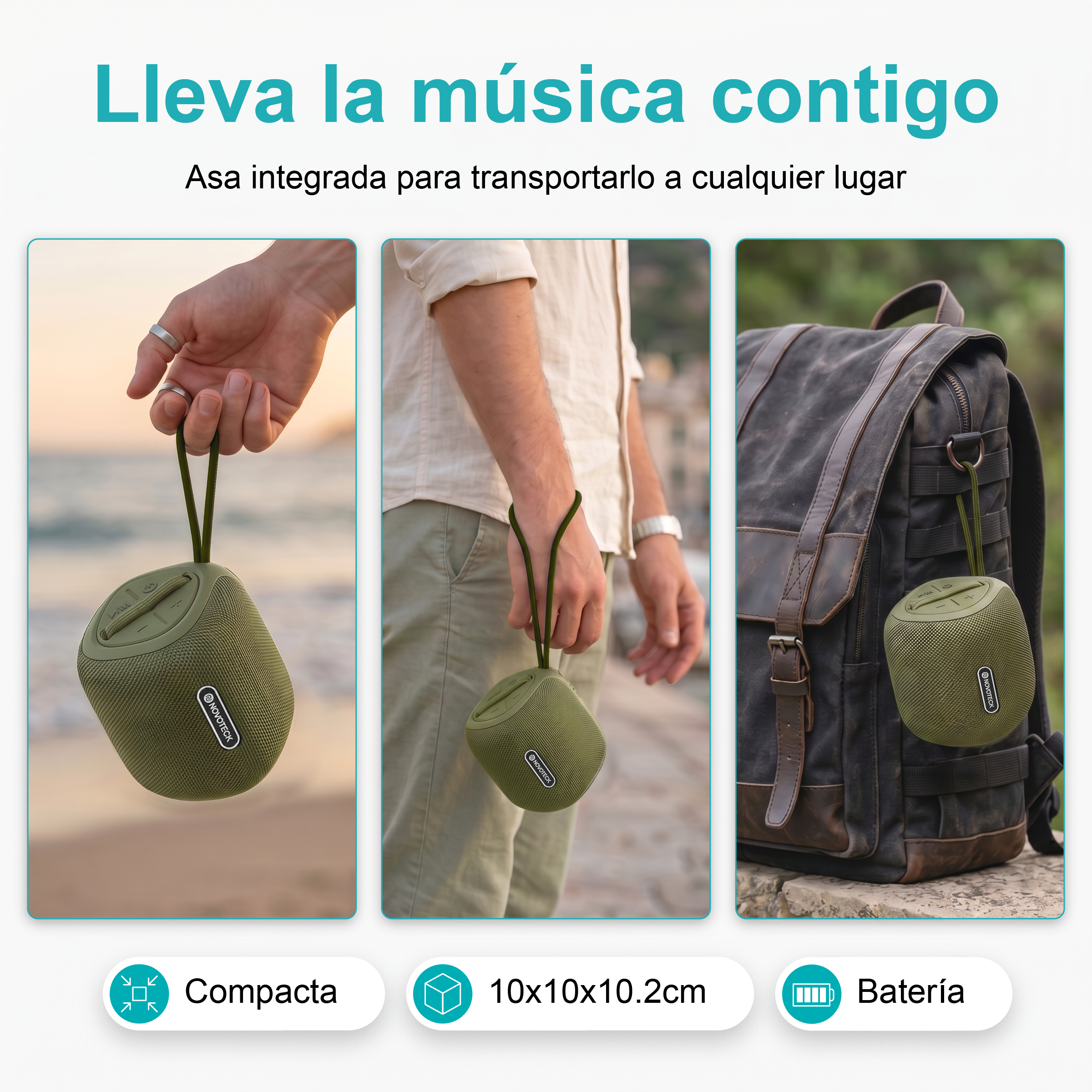 Altoparlante portatile verde con manico, appeso a zaino o mano.