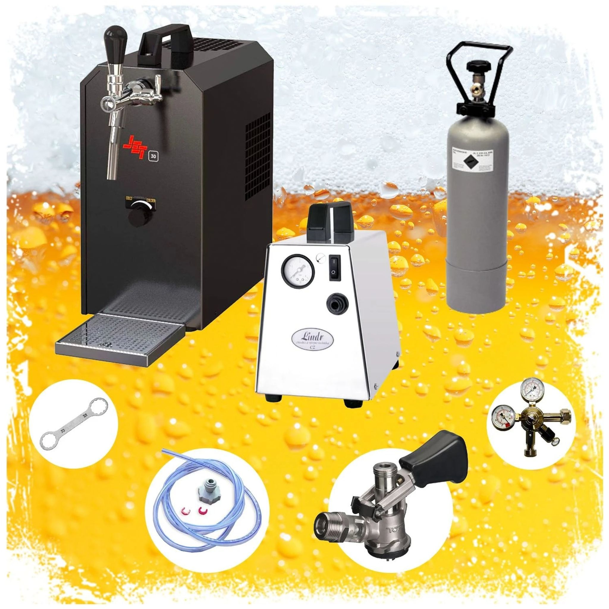 Ein Bierspender, CO2-Zylinder, Druckminderer, Schlauch und Werkzeug auf Bierhintergrund.