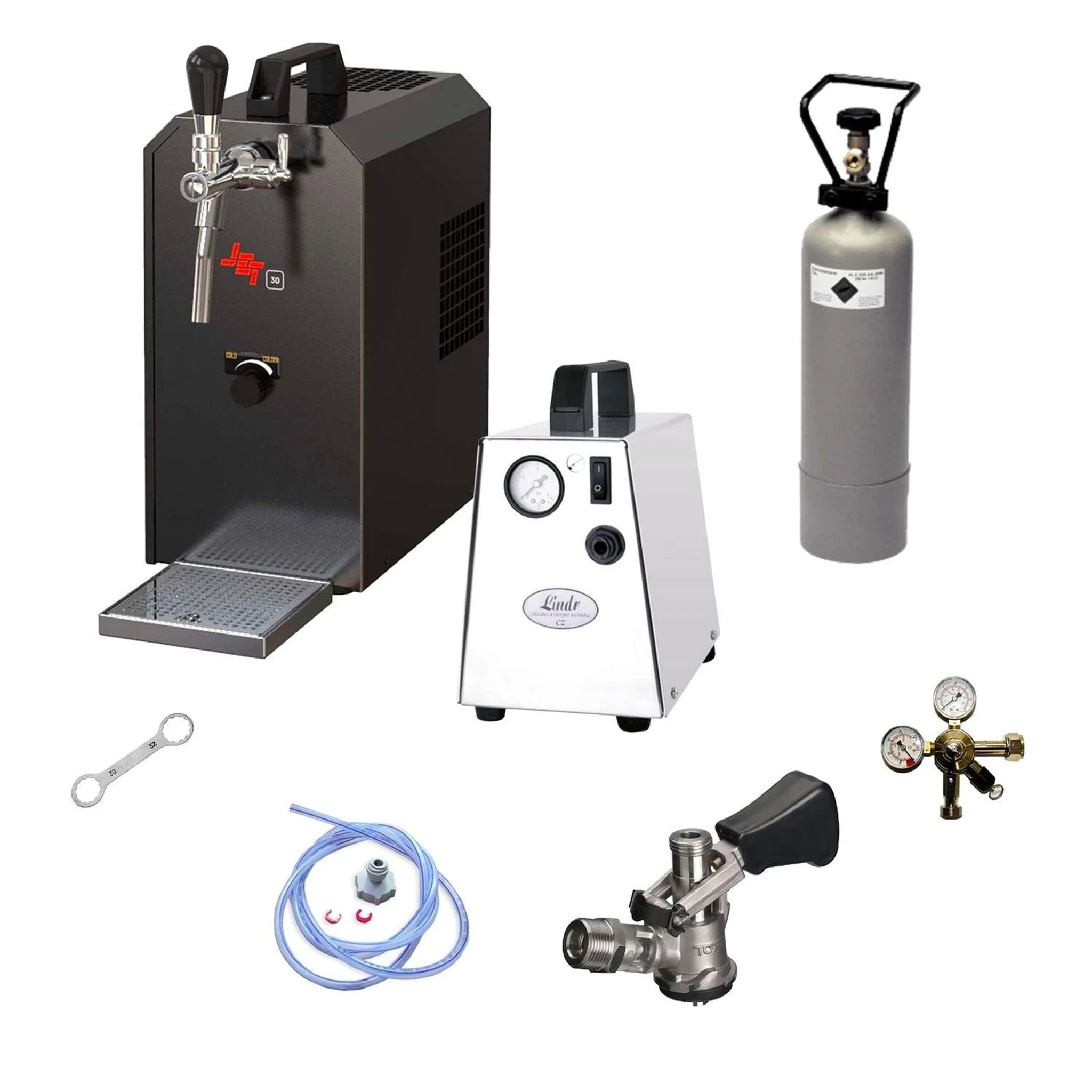 Ein Getränke-Zapfgerät, CO2-Tank, Druckminderer, Schlauch und Werkzeug.
