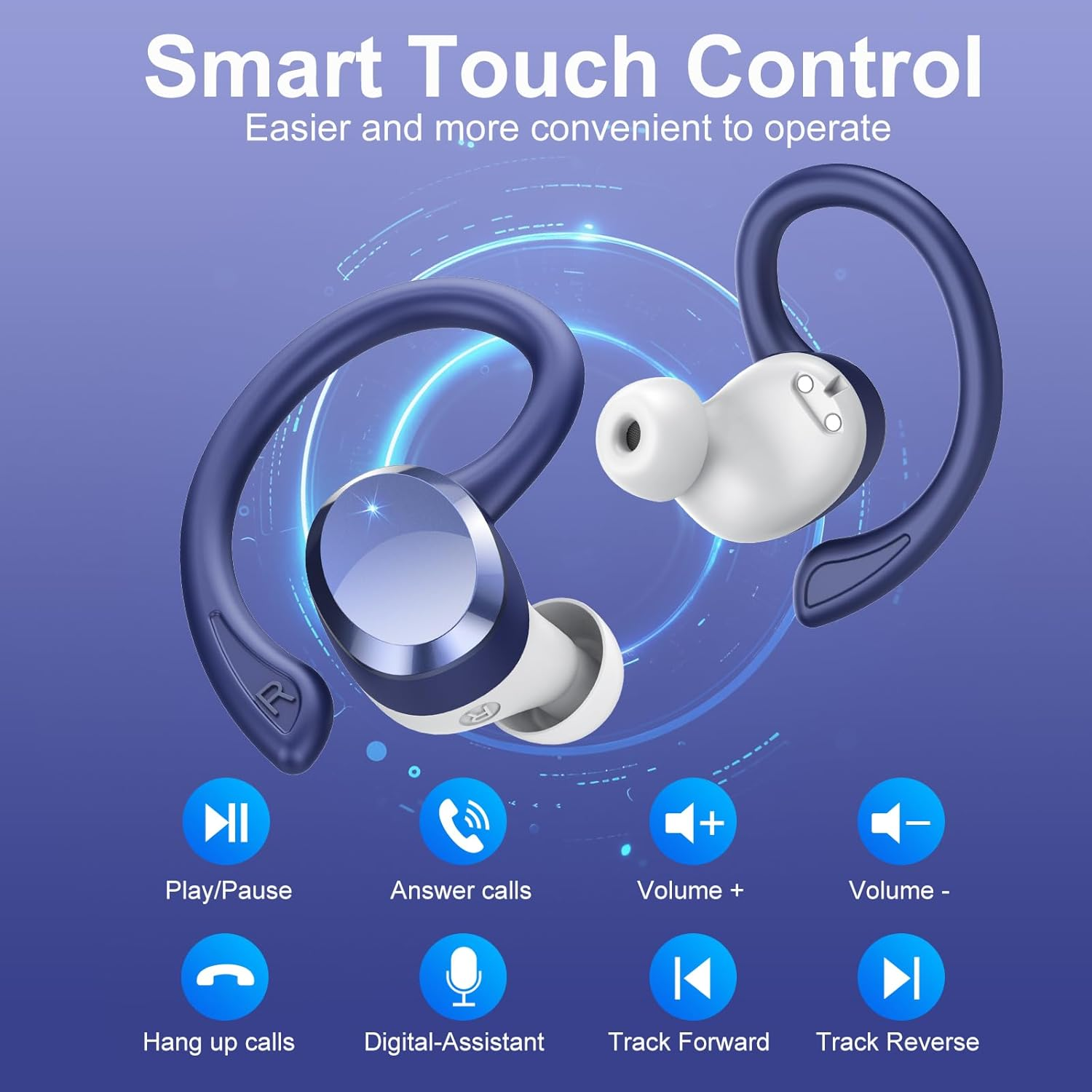 Blaue und weiße Ohrhörer mit Smart-Touch-Steuerungssymbolen für Wiedergabe, Anrufe, Lautstärke und Tracks.