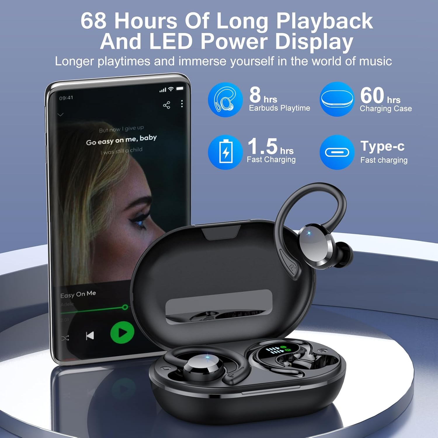 Smartphone mit Musik-App und schwarzen kabellosen Ohrhörern im Etui. Ladeinfos.