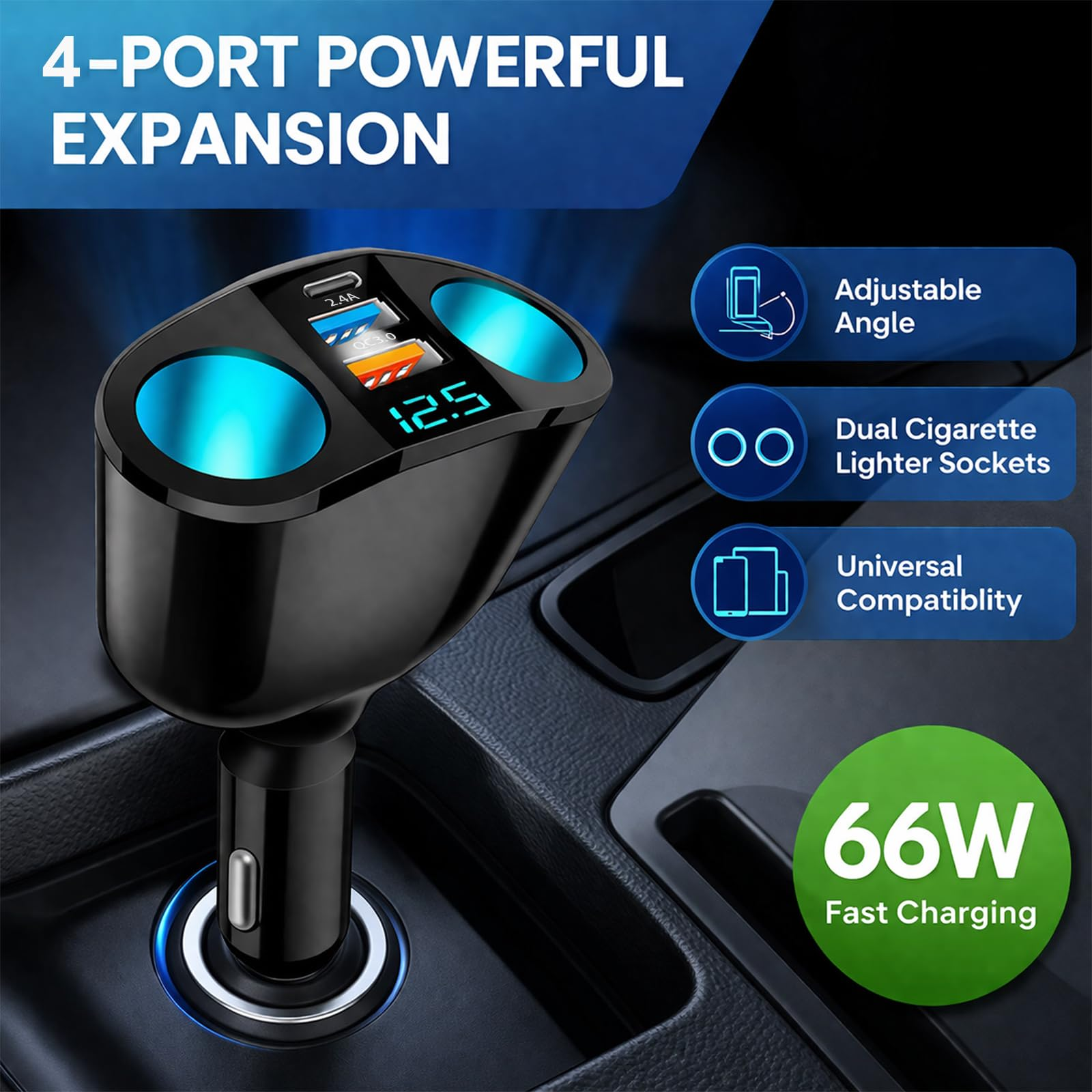 Schwarzer 4-Port-Autoladegerät mit blauen Akzenten und Digitalanzeige.