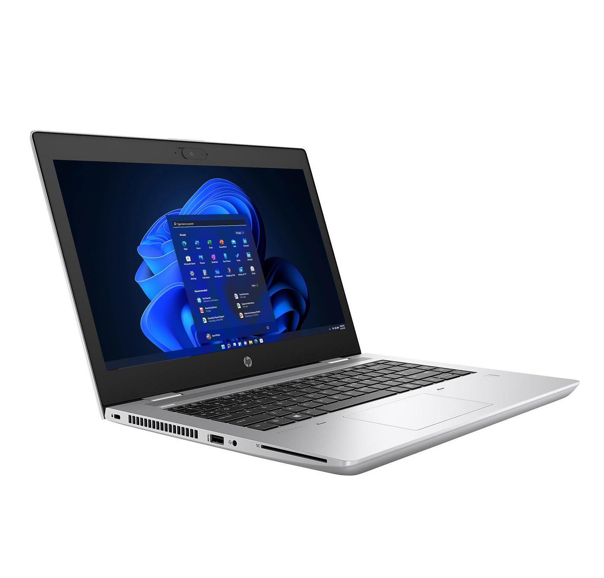 Silberner HP Laptop mit geöffneter Windows 11-Oberfläche, die Apps und empfohlene Dateien anzeigt.