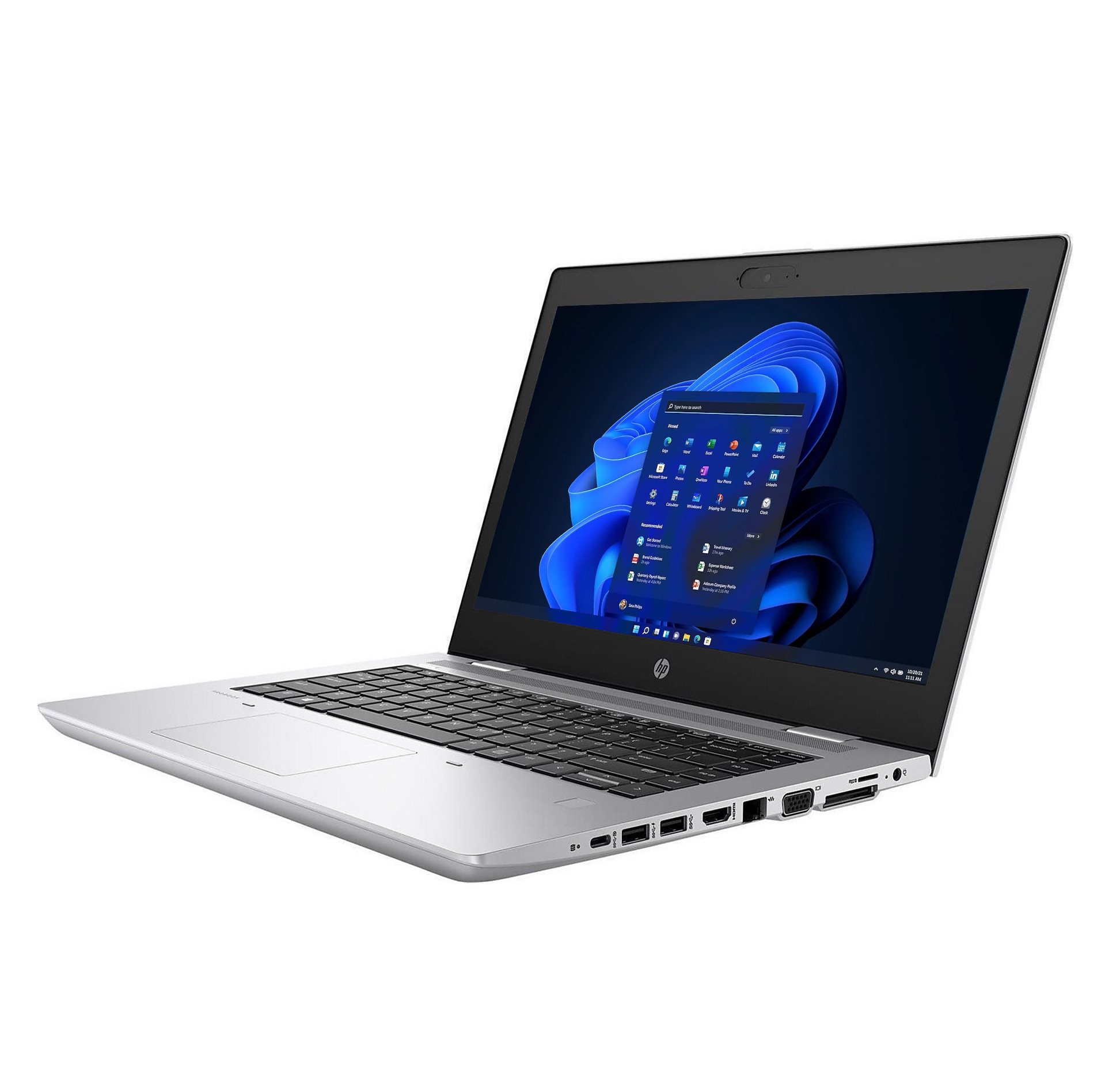 Ein silberner Laptop mit geöffnetem Bildschirm, der Windows 11 anzeigt.