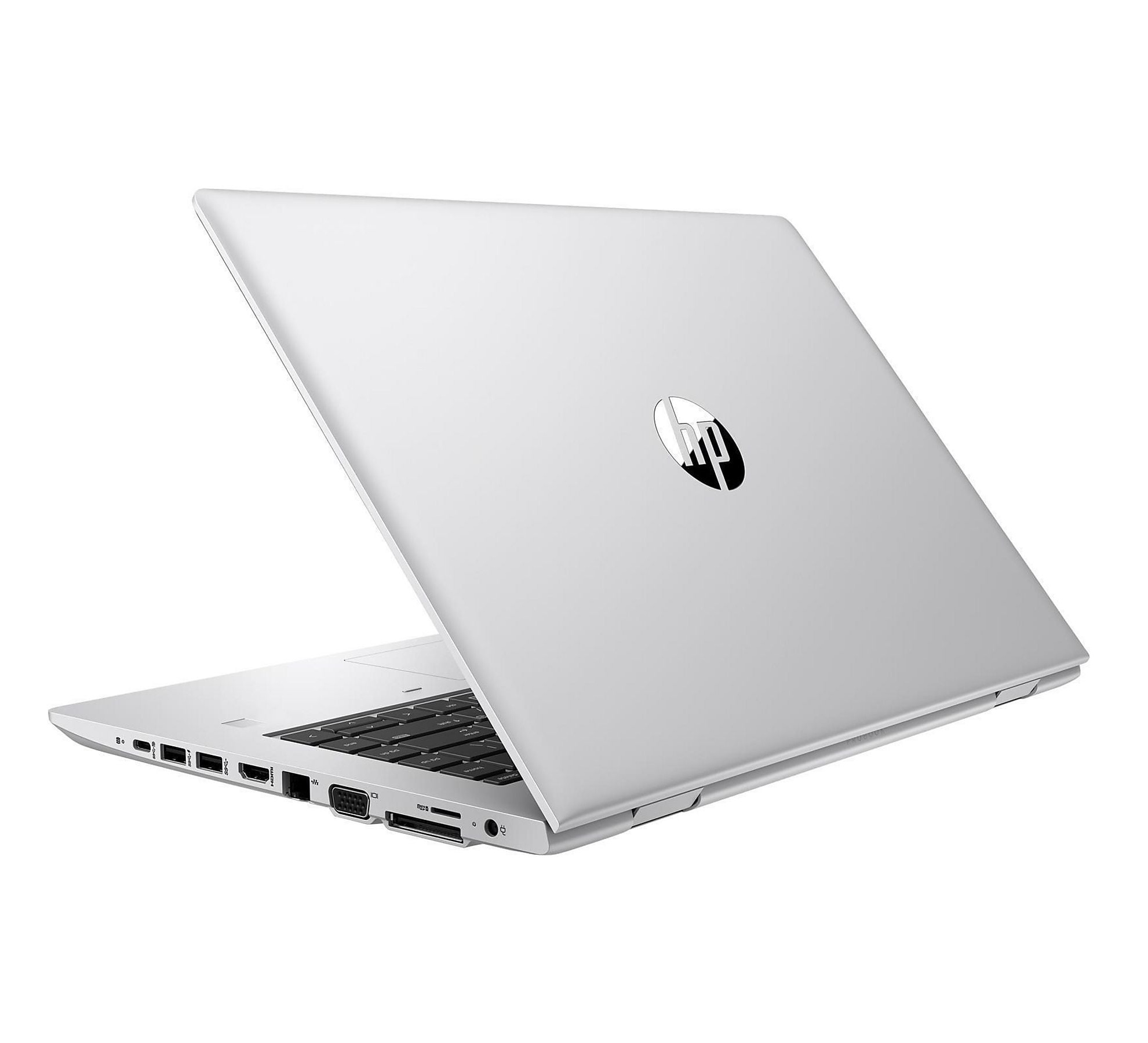 Ein silberner HP Laptop mit offenem Deckel, Blick auf die Tastatur und Anschlüsse.