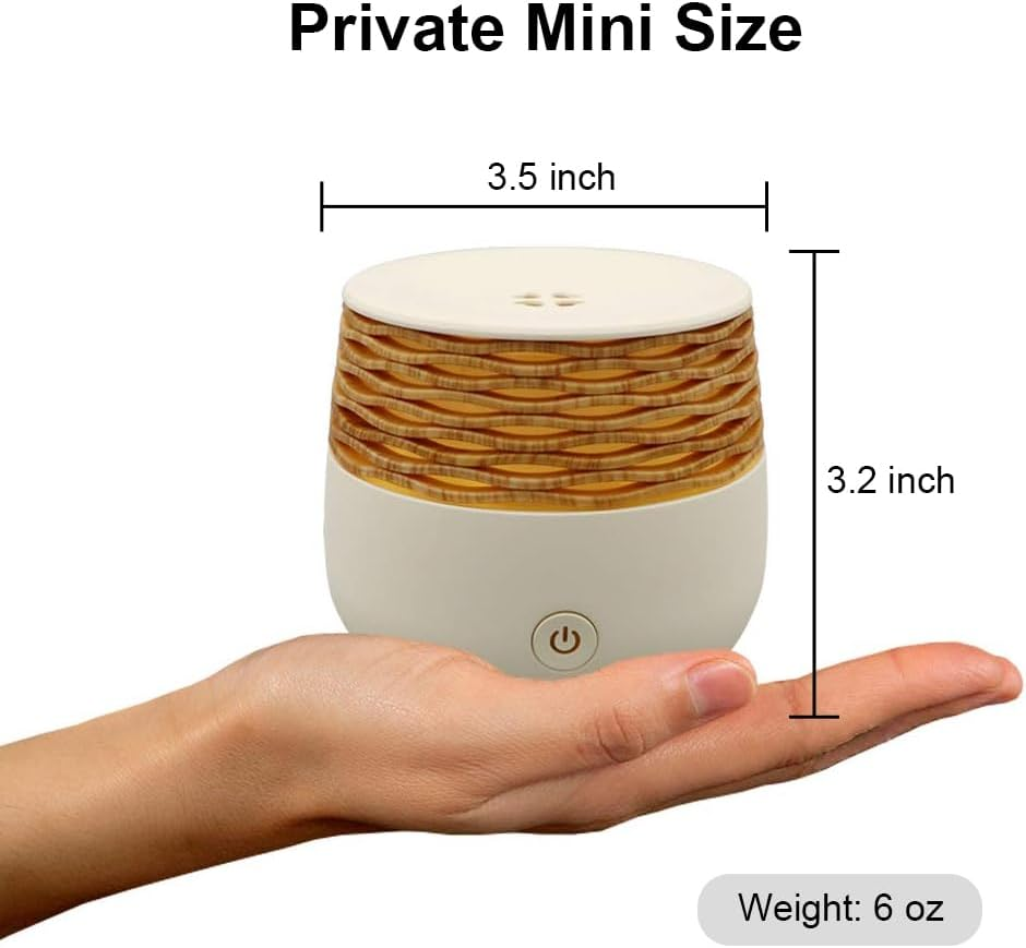 Ein kleiner Diffusor mit Holzmaserung auf einer Hand. Maße: 3,5x3,2 Zoll.