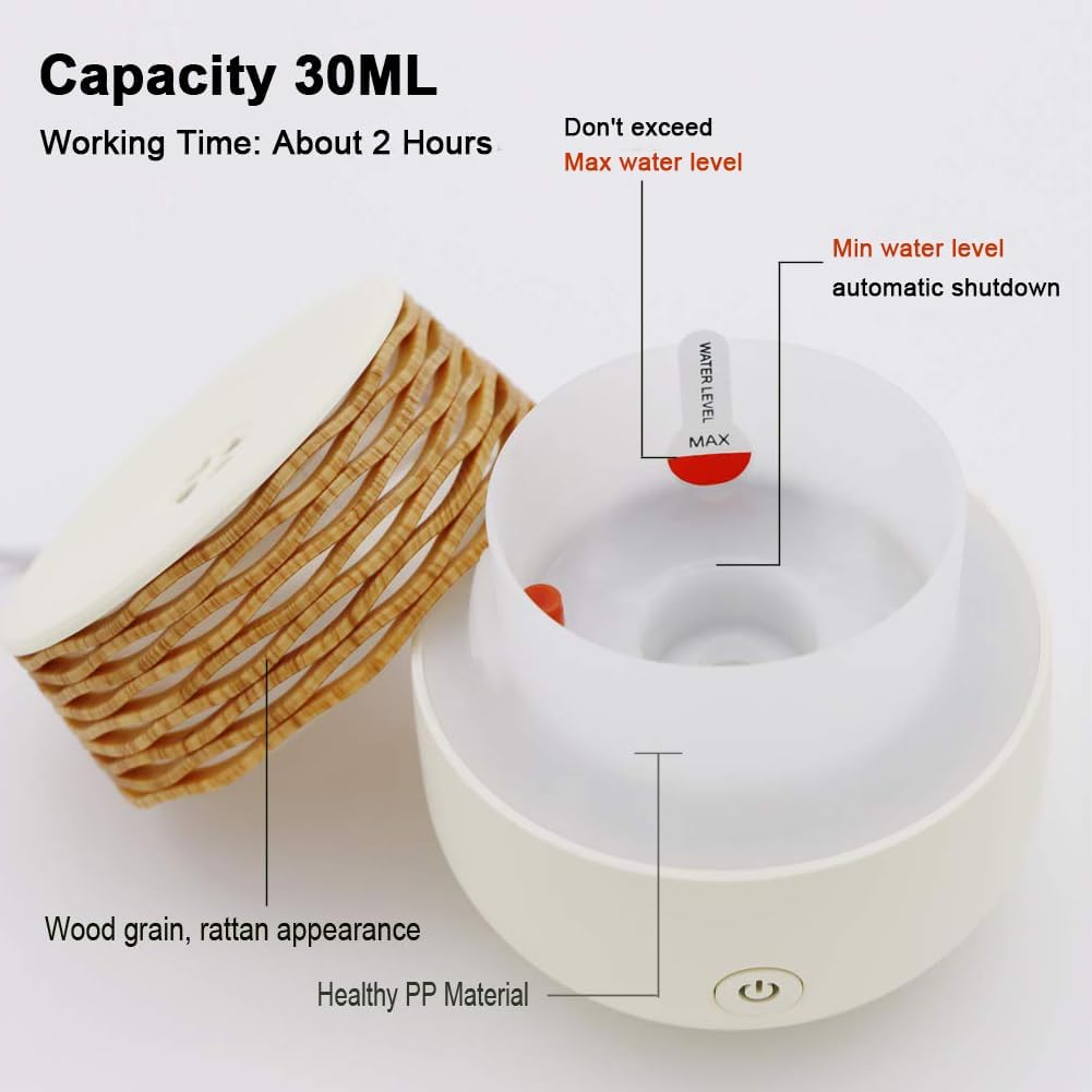 Ein Diffusor mit Holzmaserung und Rattan-Optik, 30 ml Kapazität, 2 Stunden Laufzeit.