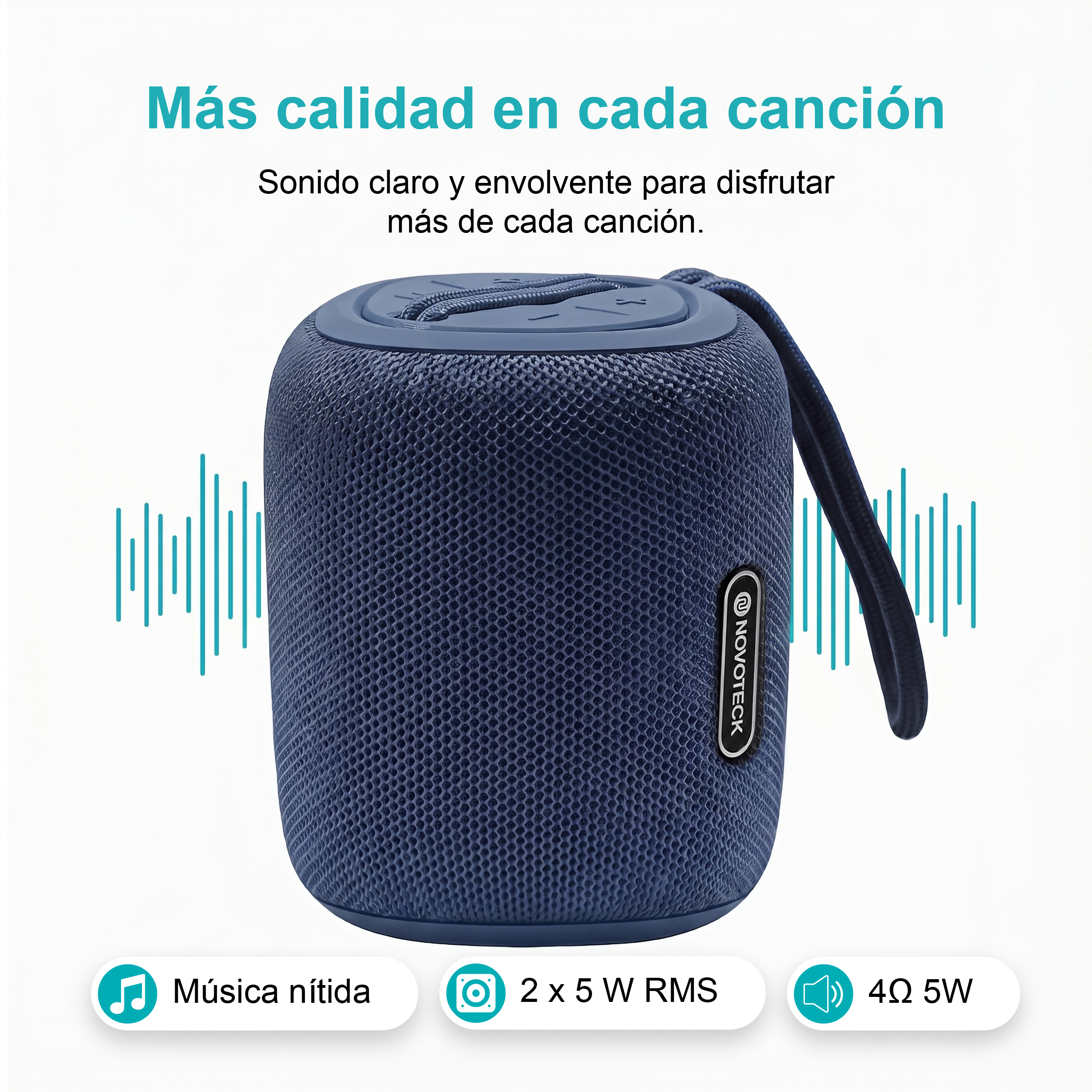 Altoparlante blu scuro con manico e grafica onde sonore.