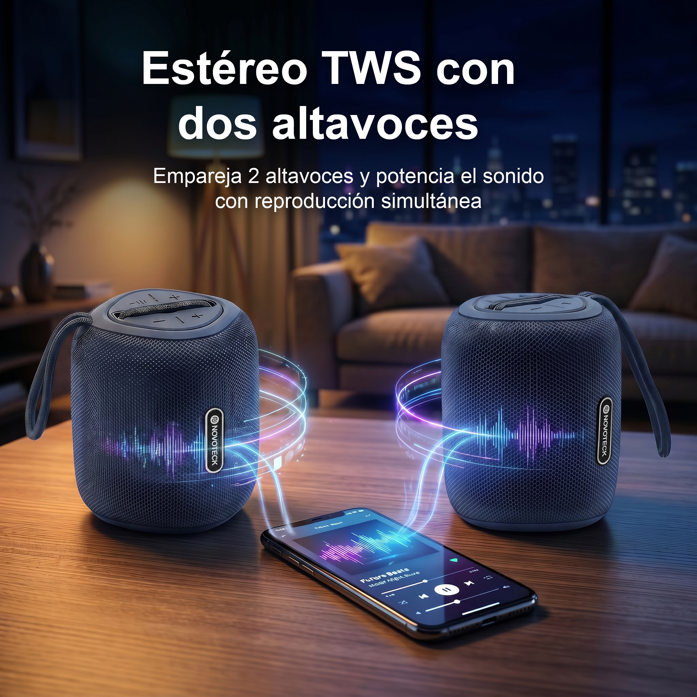 Due altoparlanti TWS blu collegati a uno smartphone che riproduce musica.