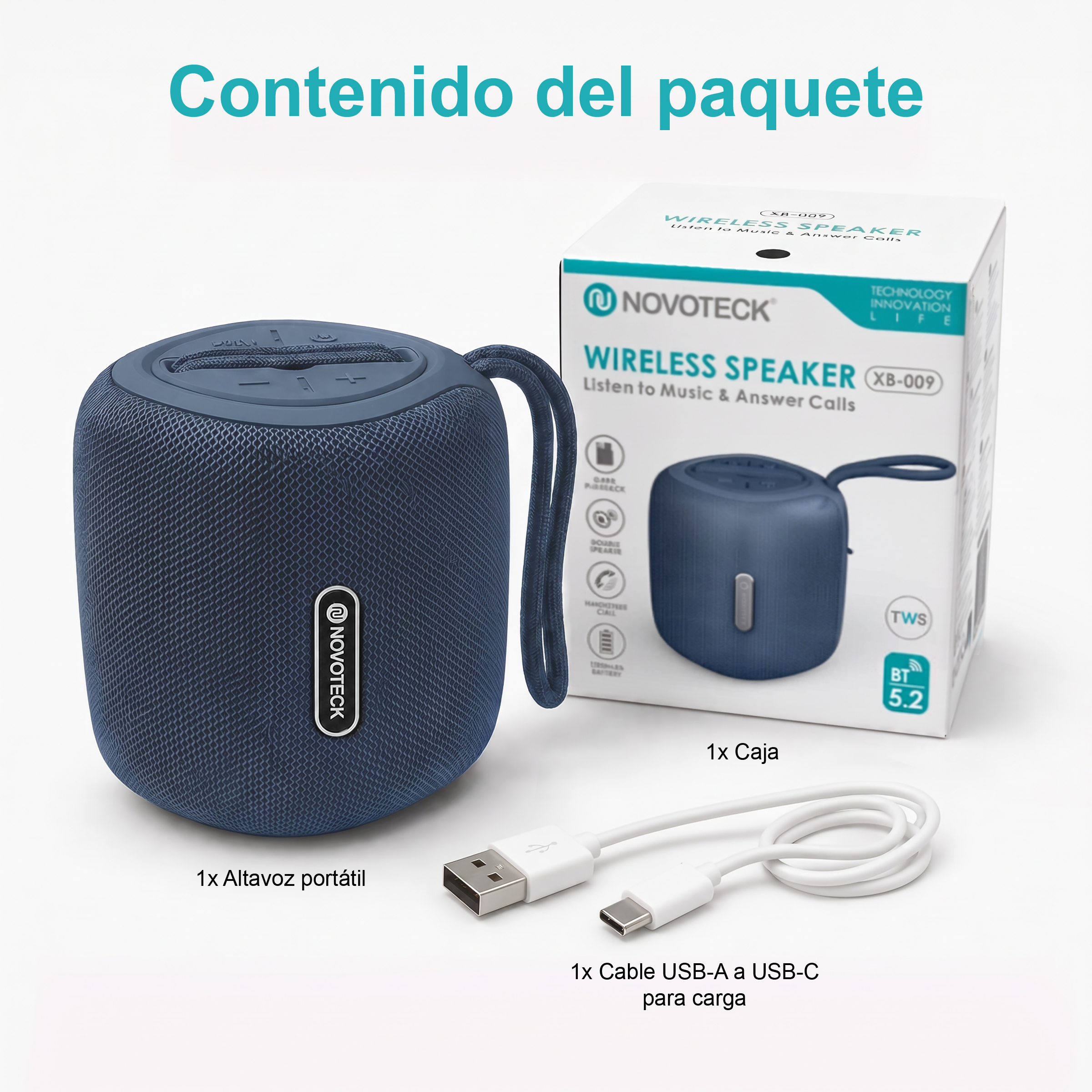 Un altavoz azul Novoteck con cable de carga y caja.