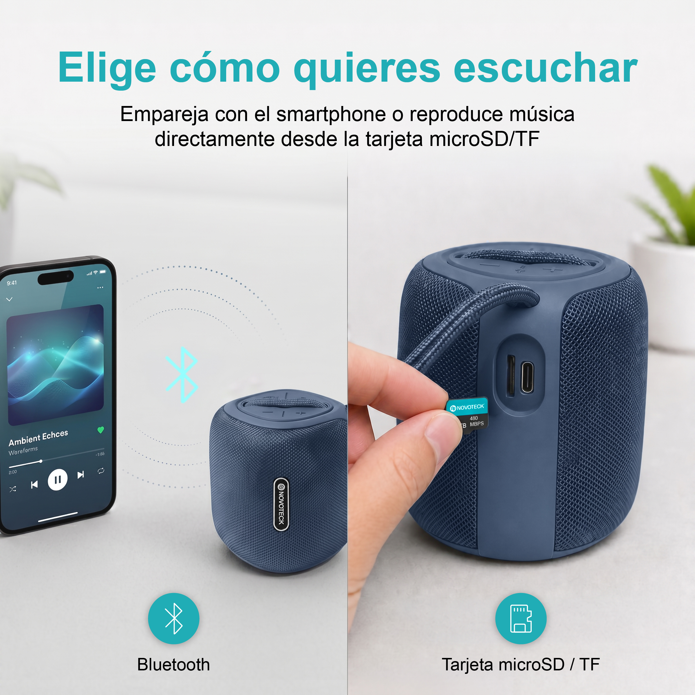 Altoparlante blu vicino a telefono con musica; icone Bluetooth e scheda SD.