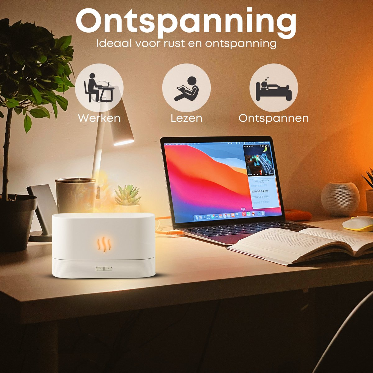 Schreibtischszene mit Diffusor, Laptop, Buch und Pflanze. Symbole zeigen Arbeit, Lesen, Entspannung.