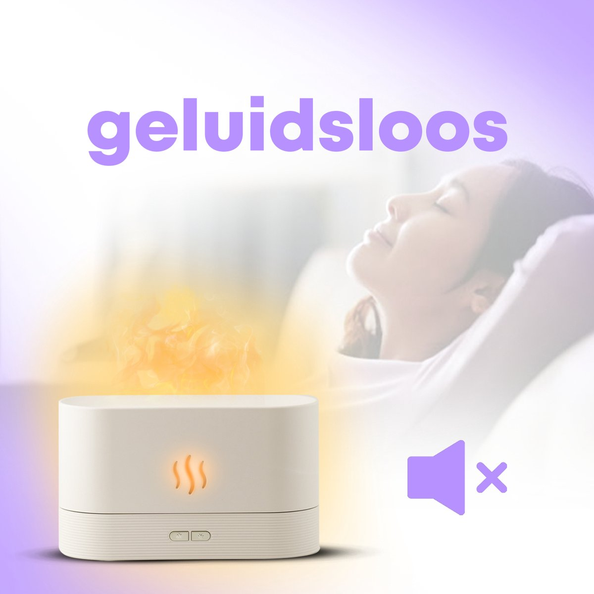 Ein diffuser mit Flammen-Effekt und einer Frau, die schläft. Lautlos-Symbol.